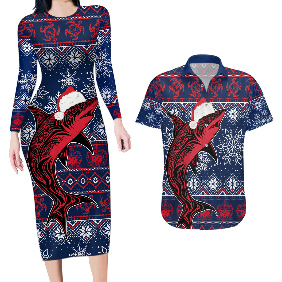 Samoa Manuia Le Kirisimasi Couples Matching Long Sleeve Bodycon Dress and Hawaiian Shirt Samoan Fishing Tribal Pattern Christmas Vibe LT9 - Wonder Print Shop