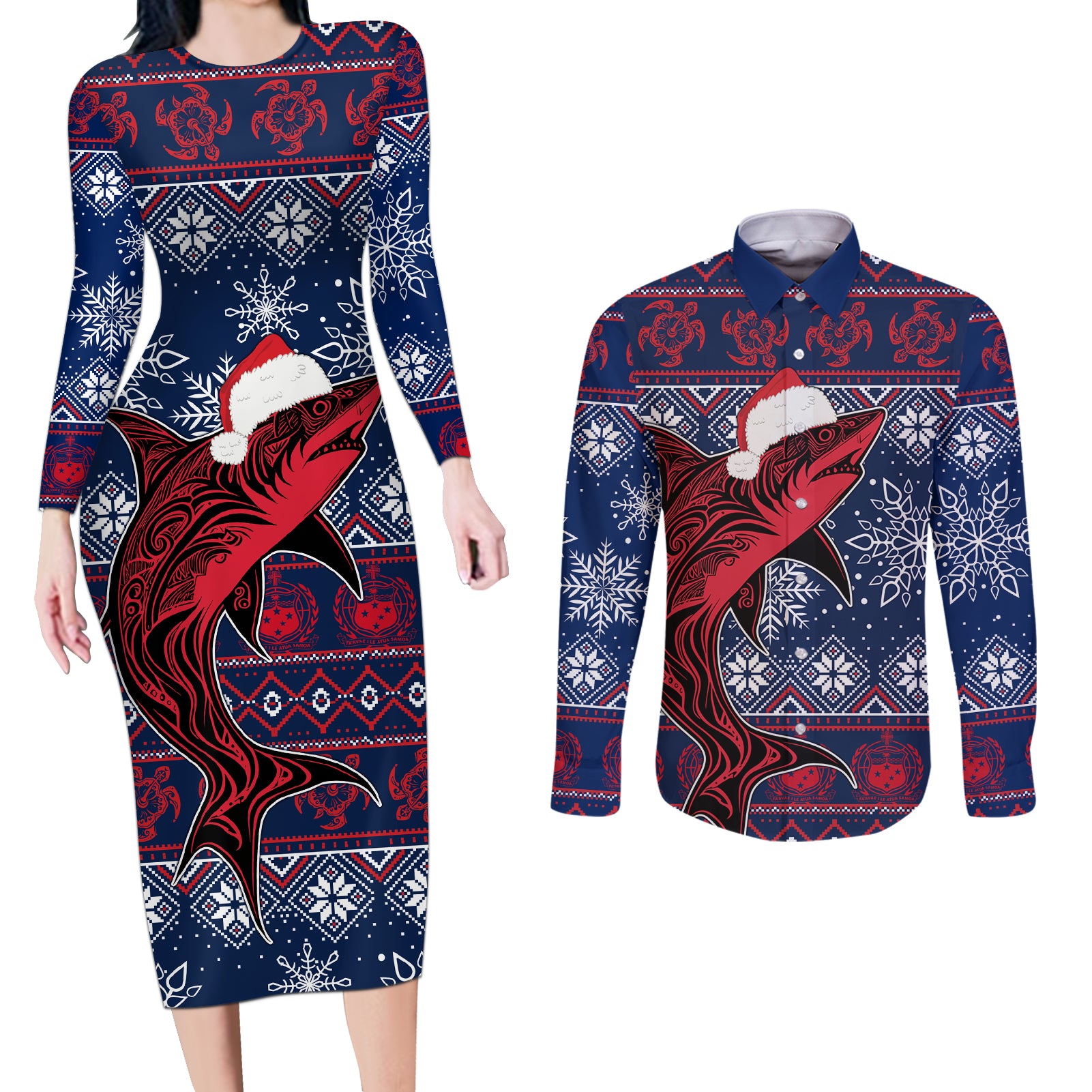 Samoa Manuia Le Kirisimasi Couples Matching Long Sleeve Bodycon Dress and Long Sleeve Button Shirts Samoan Fishing Tribal Pattern Christmas Vibe LT9 - Wonder Print Shop