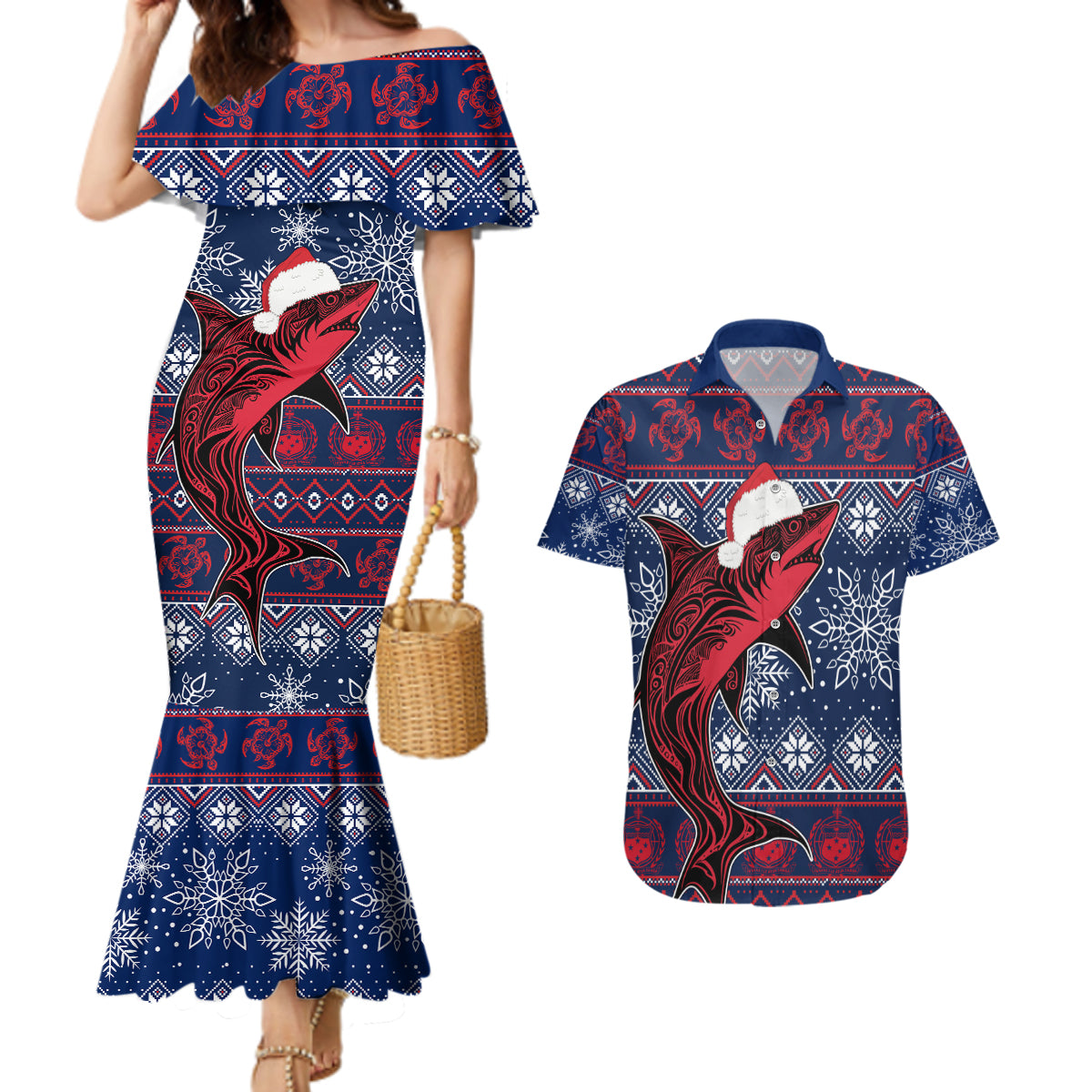 Samoa Manuia Le Kirisimasi Couples Matching Mermaid Dress and Hawaiian Shirt Samoan Fishing Tribal Pattern Christmas Vibe LT9 - Wonder Print Shop