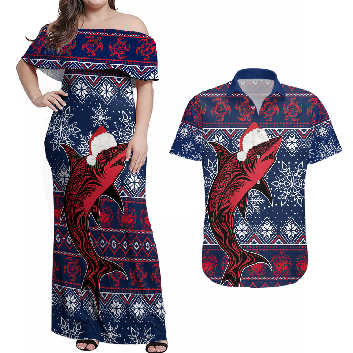 Samoa Manuia Le Kirisimasi Couples Matching Off Shoulder Maxi Dress and Hawaiian Shirt Samoan Fishing Tribal Pattern Christmas Vibe LT9 - Wonder Print Shop