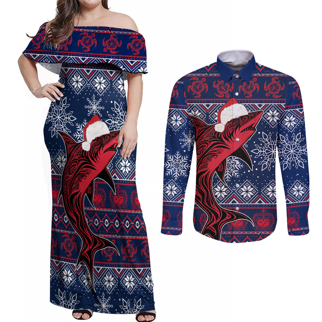 Samoa Manuia Le Kirisimasi Couples Matching Off Shoulder Maxi Dress and Long Sleeve Button Shirts Samoan Fishing Tribal Pattern Christmas Vibe LT9 - Wonder Print Shop