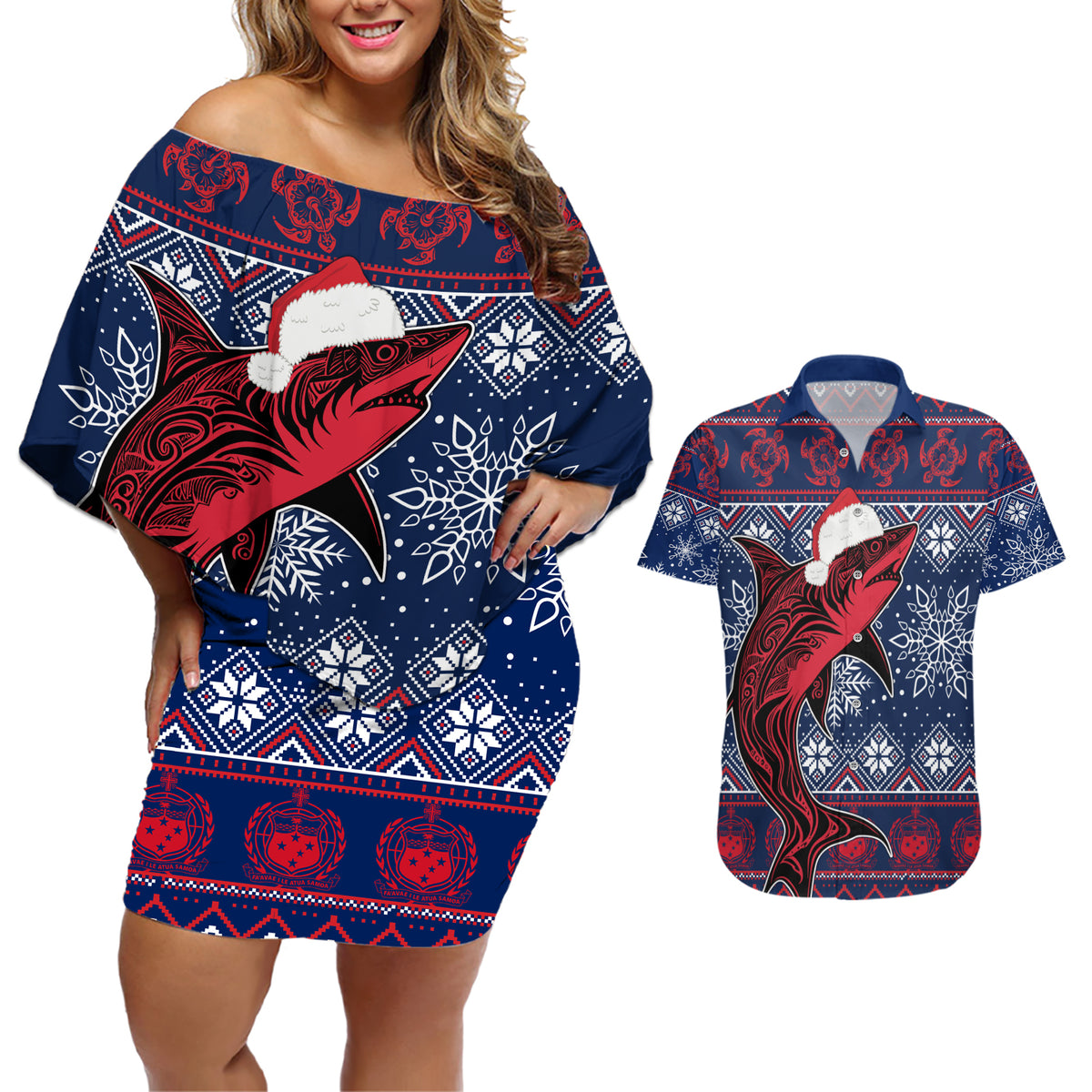 Samoa Manuia Le Kirisimasi Couples Matching Off Shoulder Short Dress and Hawaiian Shirt Samoan Fishing Tribal Pattern Christmas Vibe LT9 - Wonder Print Shop