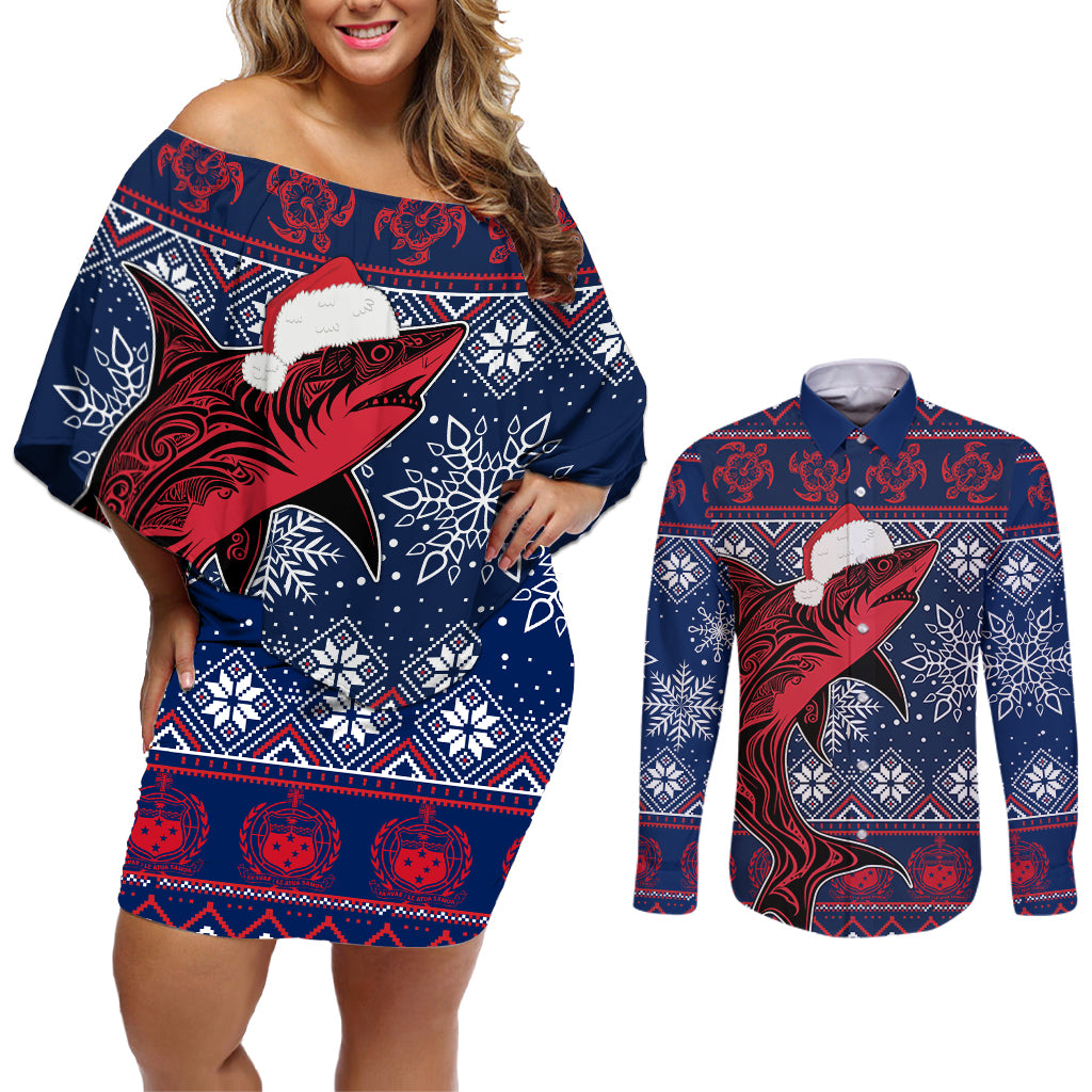 Samoa Manuia Le Kirisimasi Couples Matching Off Shoulder Short Dress and Long Sleeve Button Shirts Samoan Fishing Tribal Pattern Christmas Vibe LT9 - Wonder Print Shop