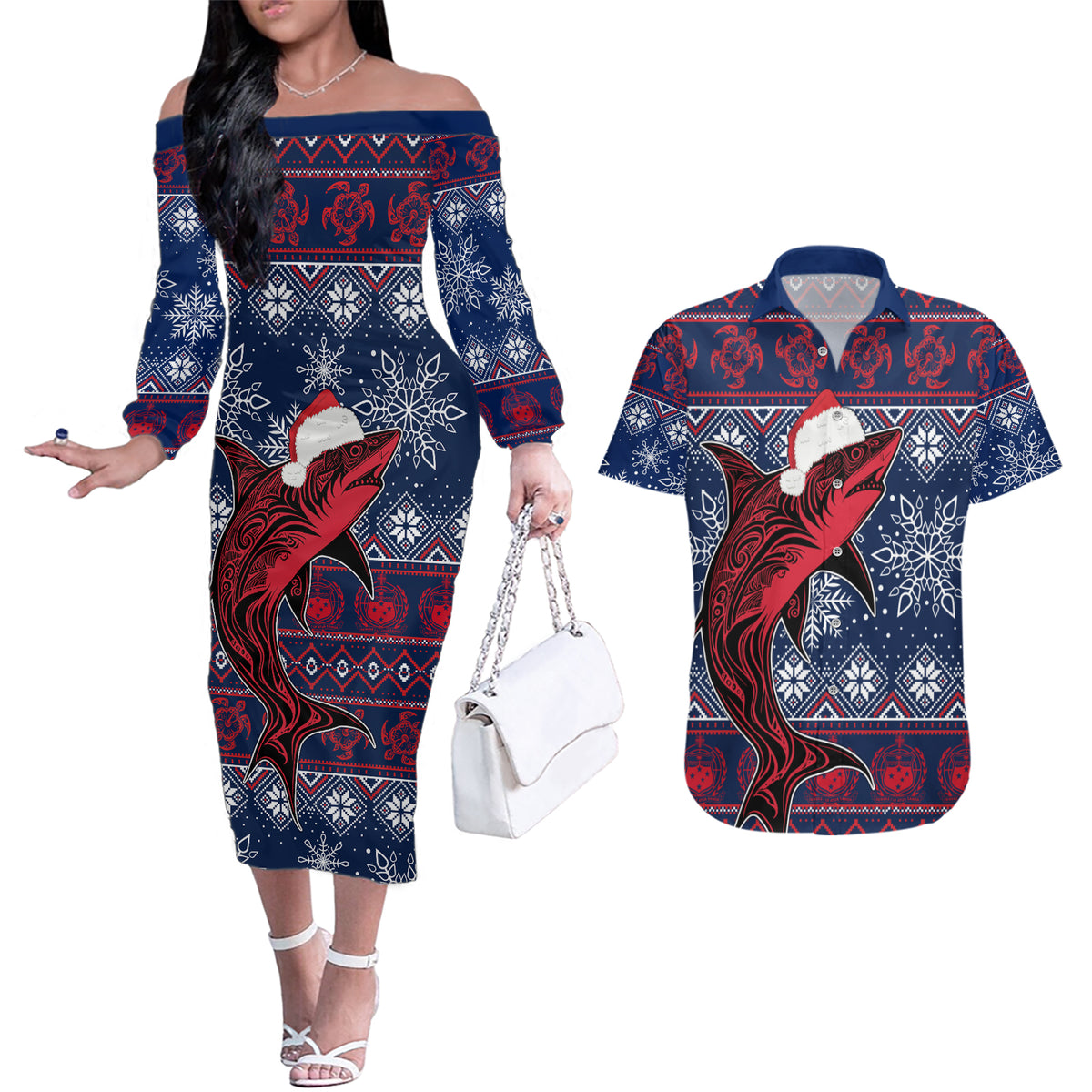 Samoa Manuia Le Kirisimasi Couples Matching Off The Shoulder Long Sleeve Dress and Hawaiian Shirt Samoan Fishing Tribal Pattern Christmas Vibe LT9 - Wonder Print Shop