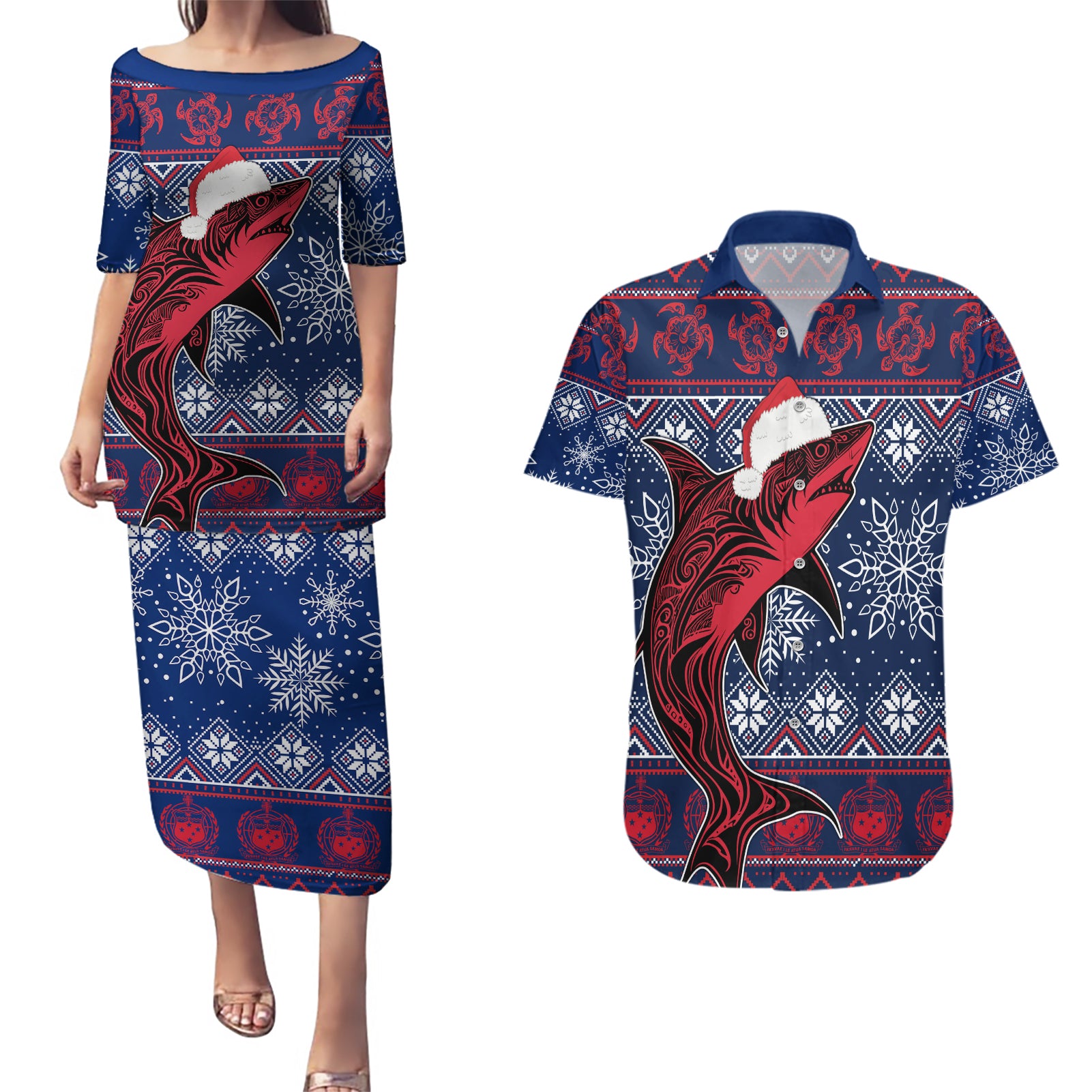 Samoa Manuia Le Kirisimasi Couples Matching Puletasi Dress and Hawaiian Shirt Samoan Fishing Tribal Pattern Christmas Vibe LT9 - Wonder Print Shop