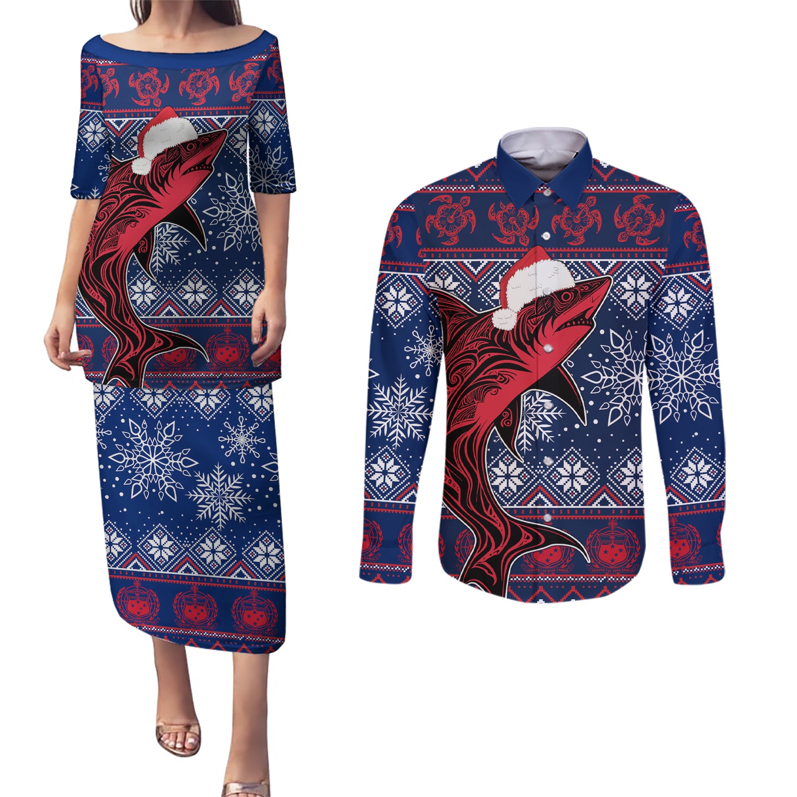 Samoa Manuia Le Kirisimasi Couples Matching Puletasi Dress and Long Sleeve Button Shirts Samoan Fishing Tribal Pattern Christmas Vibe LT9 - Wonder Print Shop