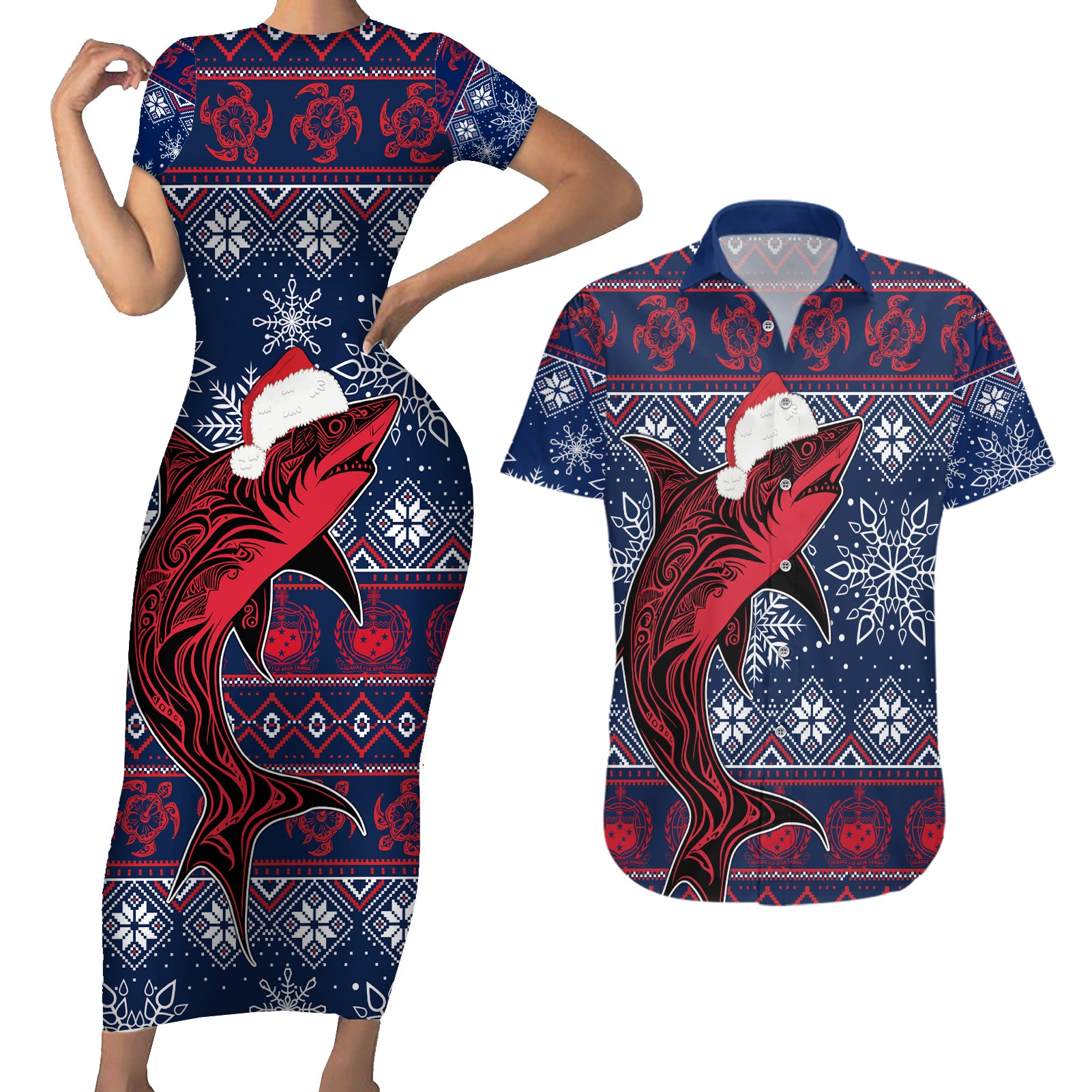 Samoa Manuia Le Kirisimasi Couples Matching Short Sleeve Bodycon Dress and Hawaiian Shirt Samoan Fishing Tribal Pattern Christmas Vibe LT9 - Wonder Print Shop