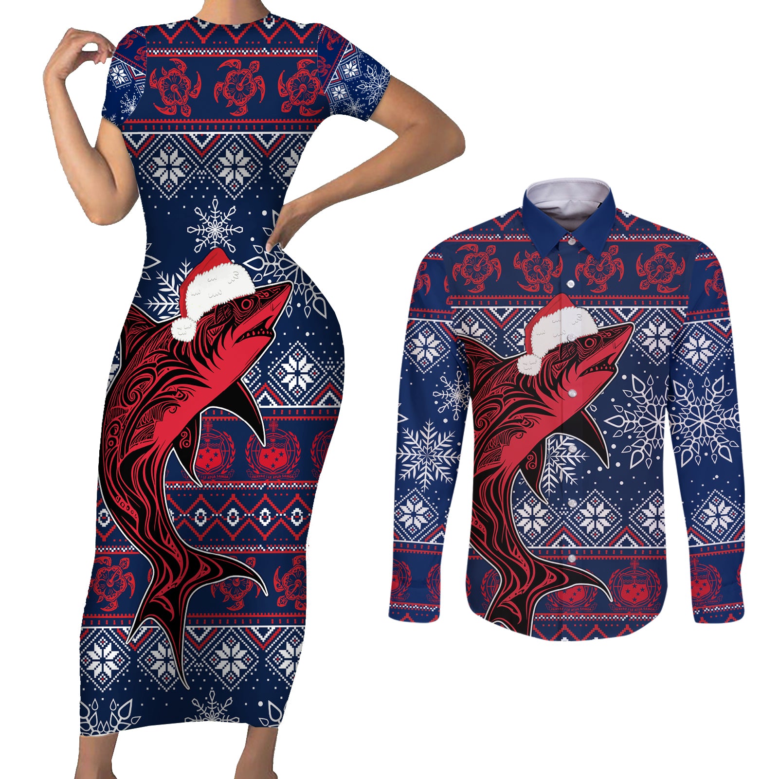 Samoa Manuia Le Kirisimasi Couples Matching Short Sleeve Bodycon Dress and Long Sleeve Button Shirts Samoan Fishing Tribal Pattern Christmas Vibe LT9 - Wonder Print Shop