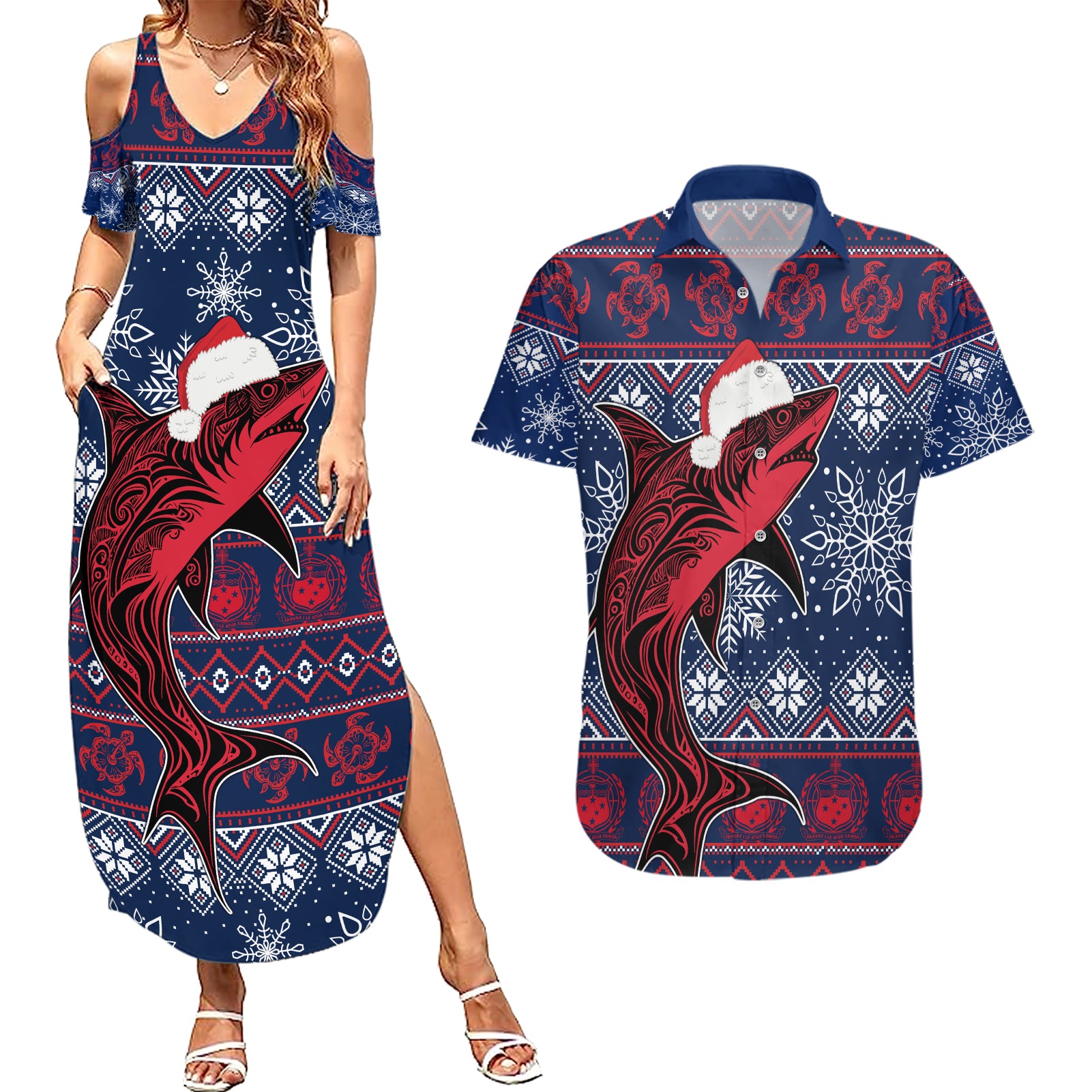 Samoa Manuia Le Kirisimasi Couples Matching Summer Maxi Dress and Hawaiian Shirt Samoan Fishing Tribal Pattern Christmas Vibe LT9 - Wonder Print Shop