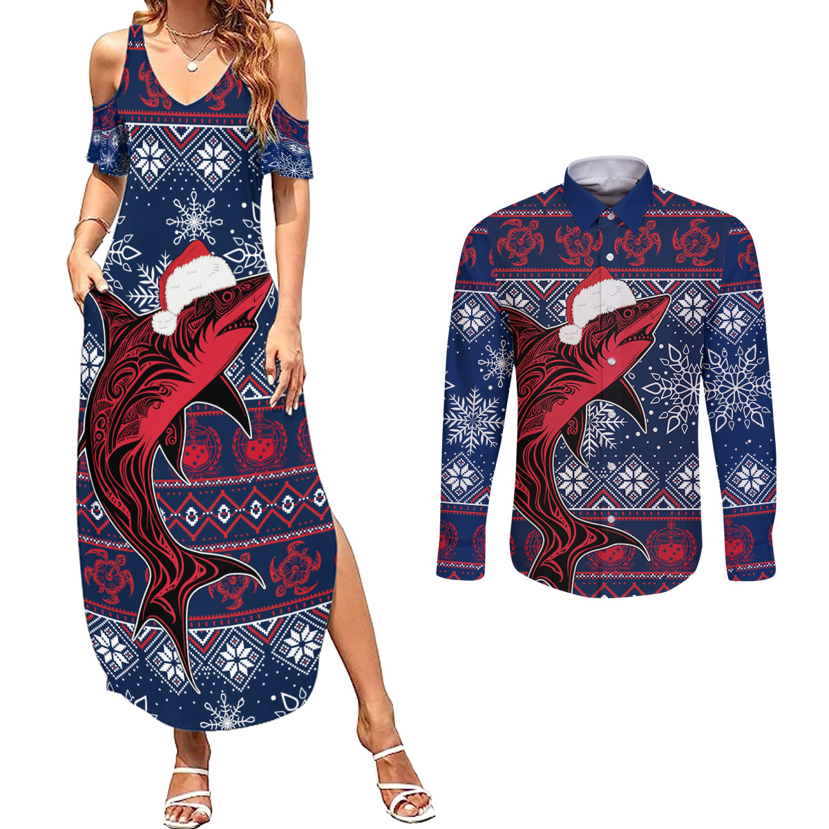 Samoa Manuia Le Kirisimasi Couples Matching Summer Maxi Dress and Long Sleeve Button Shirts Samoan Fishing Tribal Pattern Christmas Vibe LT9 - Wonder Print Shop