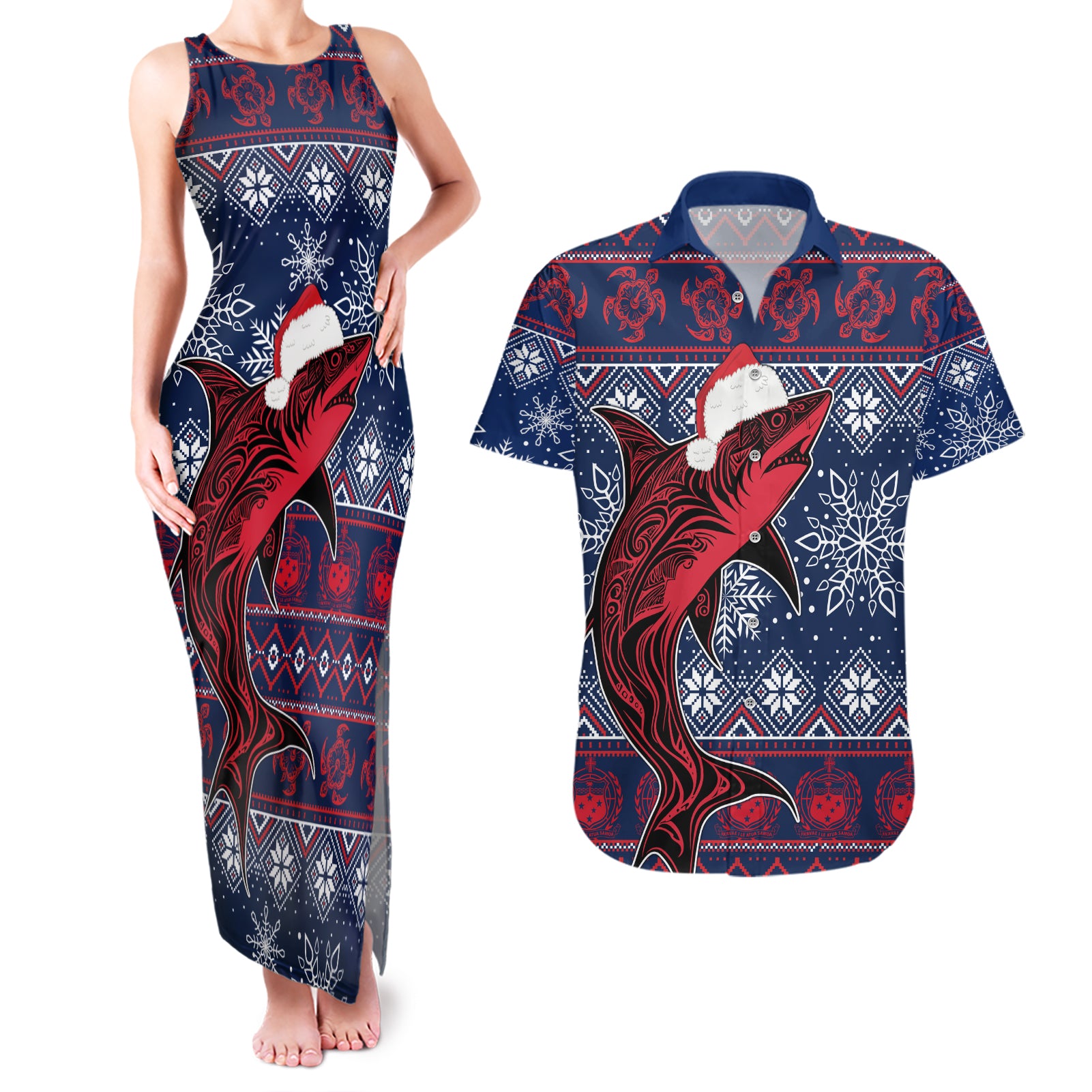 Samoa Manuia Le Kirisimasi Couples Matching Tank Maxi Dress and Hawaiian Shirt Samoan Fishing Tribal Pattern Christmas Vibe LT9 - Wonder Print Shop