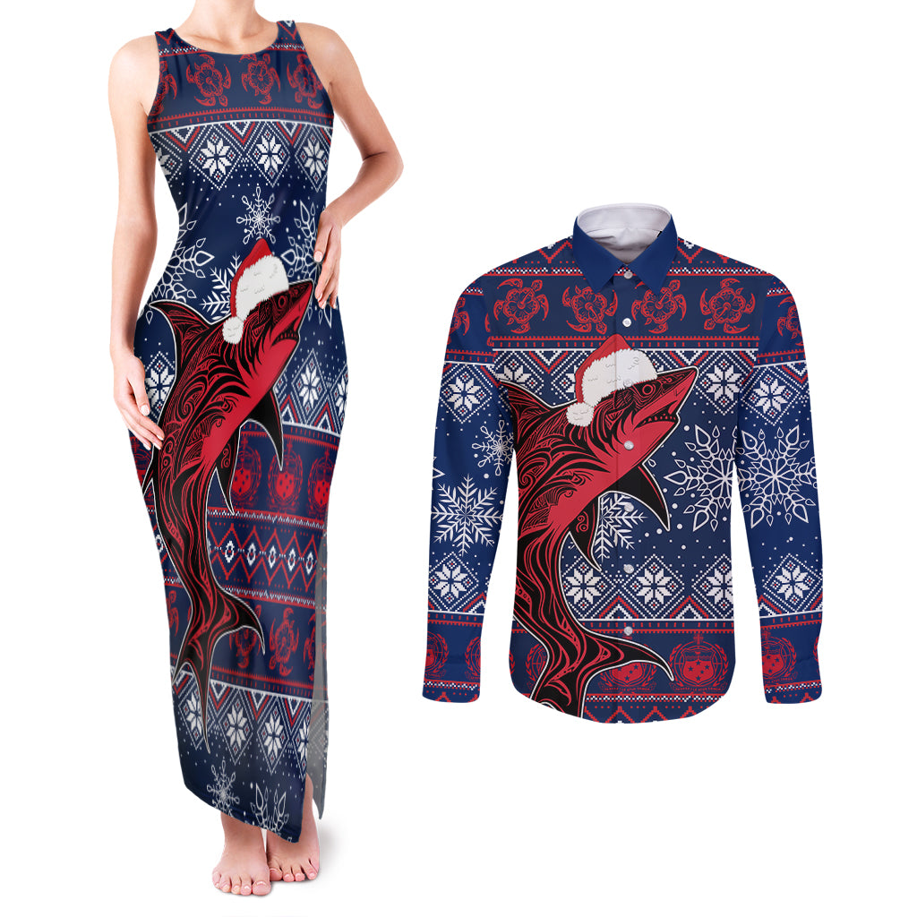 Samoa Manuia Le Kirisimasi Couples Matching Tank Maxi Dress and Long Sleeve Button Shirts Samoan Fishing Tribal Pattern Christmas Vibe LT9 - Wonder Print Shop