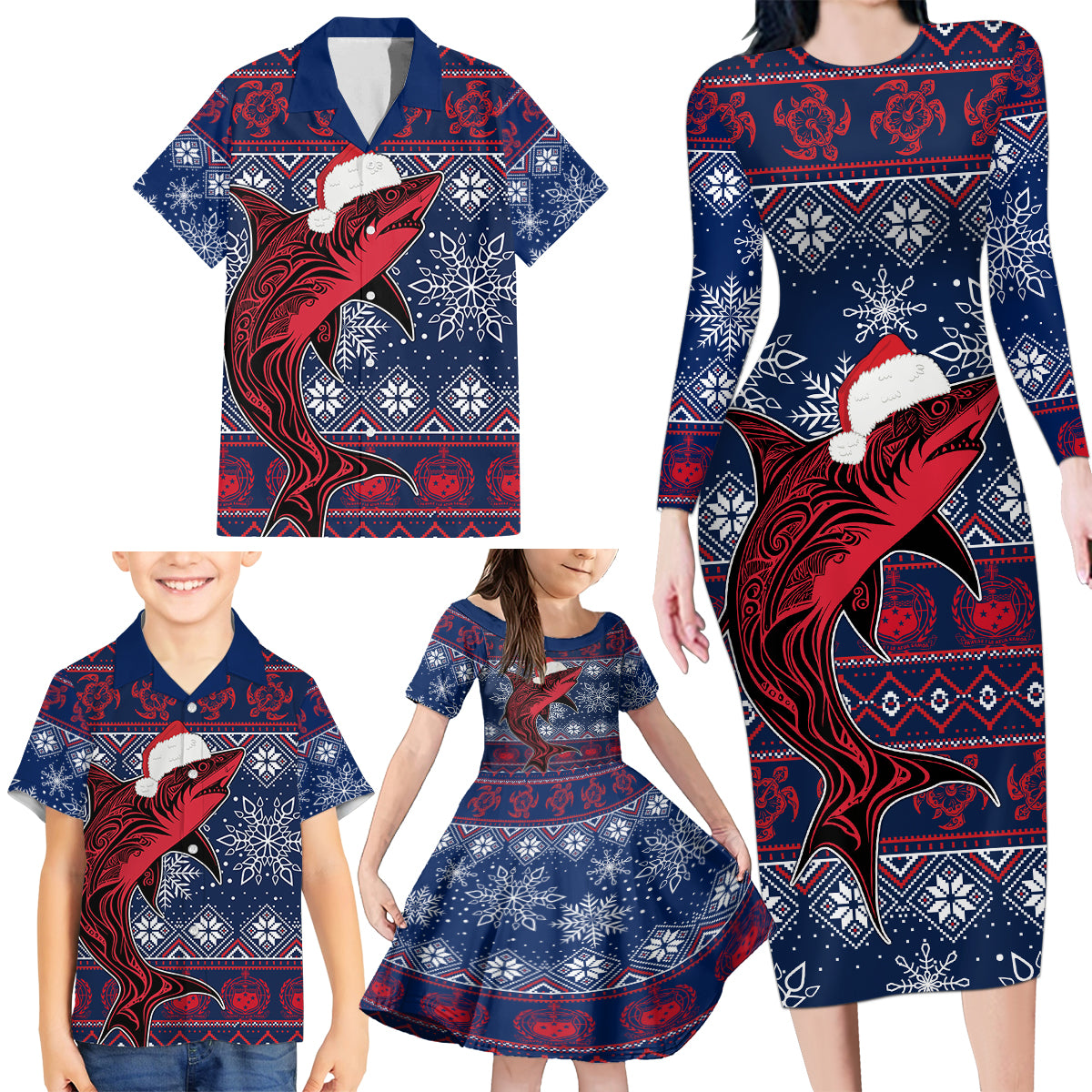 Samoa Manuia Le Kirisimasi Family Matching Long Sleeve Bodycon Dress and Hawaiian Shirt Samoan Fishing Tribal Pattern Christmas Vibe LT9 - Wonder Print Shop