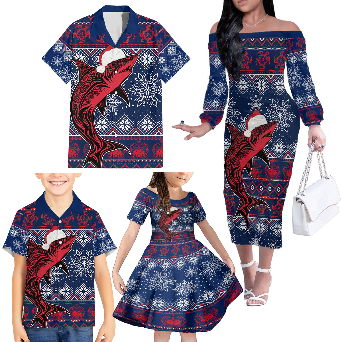 Samoa Manuia Le Kirisimasi Family Matching Off Shoulder Long Sleeve Dress and Hawaiian Shirt Samoan Fishing Tribal Pattern Christmas Vibe - Wonder Print Shop