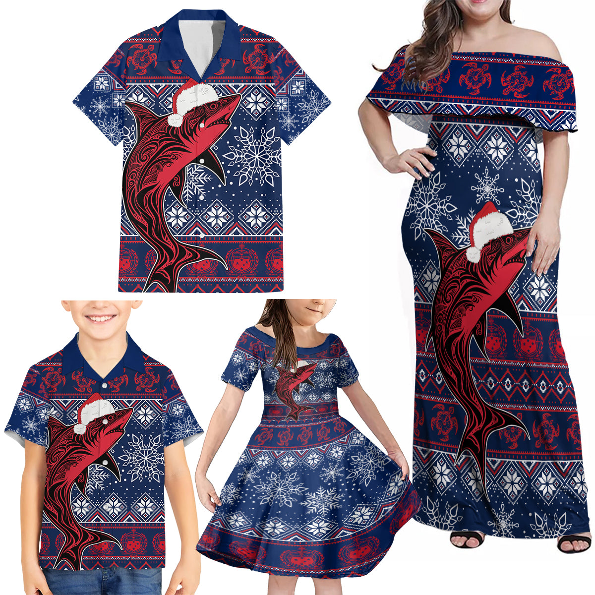 Samoa Manuia Le Kirisimasi Family Matching Off Shoulder Maxi Dress and Hawaiian Shirt Samoan Fishing Tribal Pattern Christmas Vibe LT9 - Wonder Print Shop