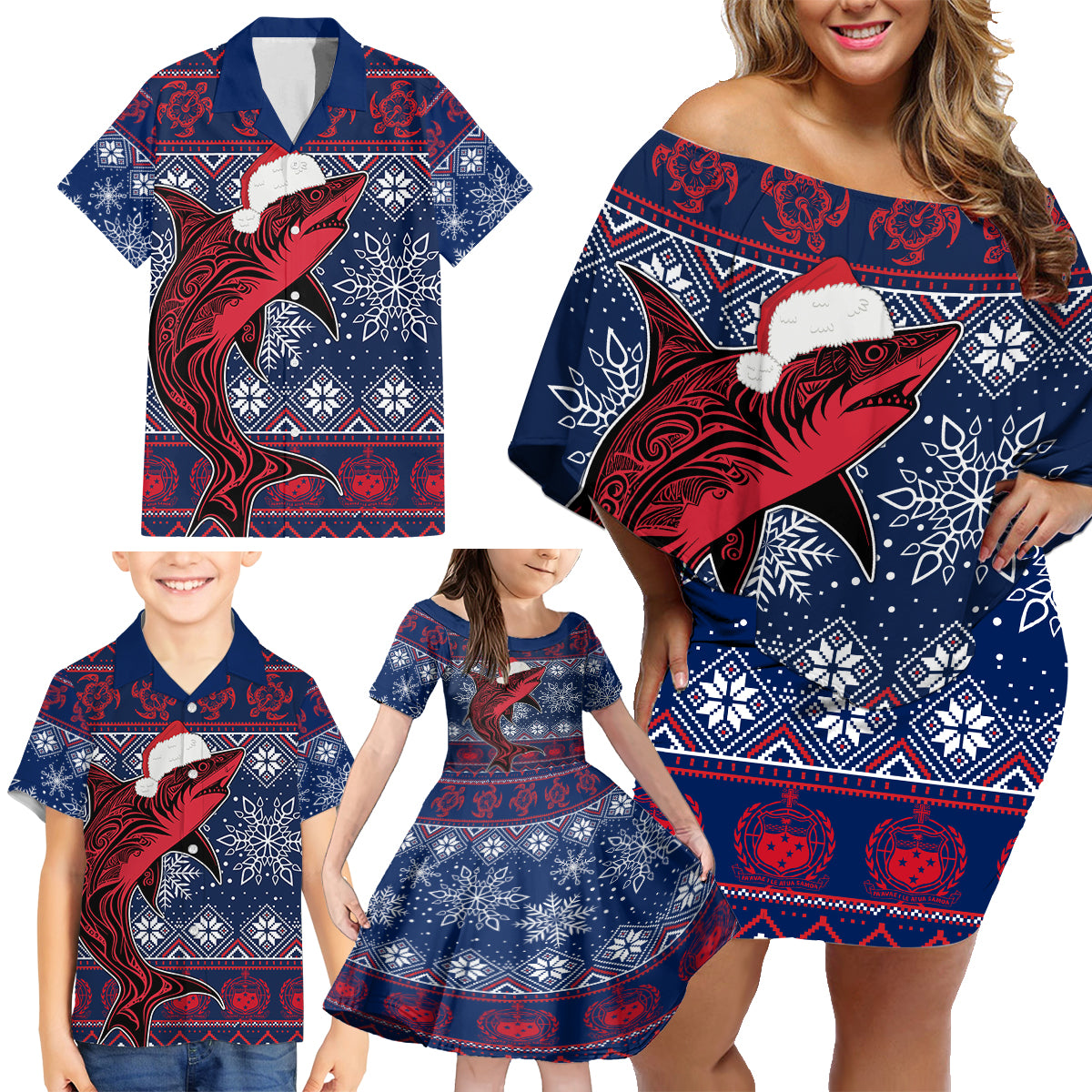 Samoa Manuia Le Kirisimasi Family Matching Off Shoulder Short Dress and Hawaiian Shirt Samoan Fishing Tribal Pattern Christmas Vibe LT9 - Wonder Print Shop