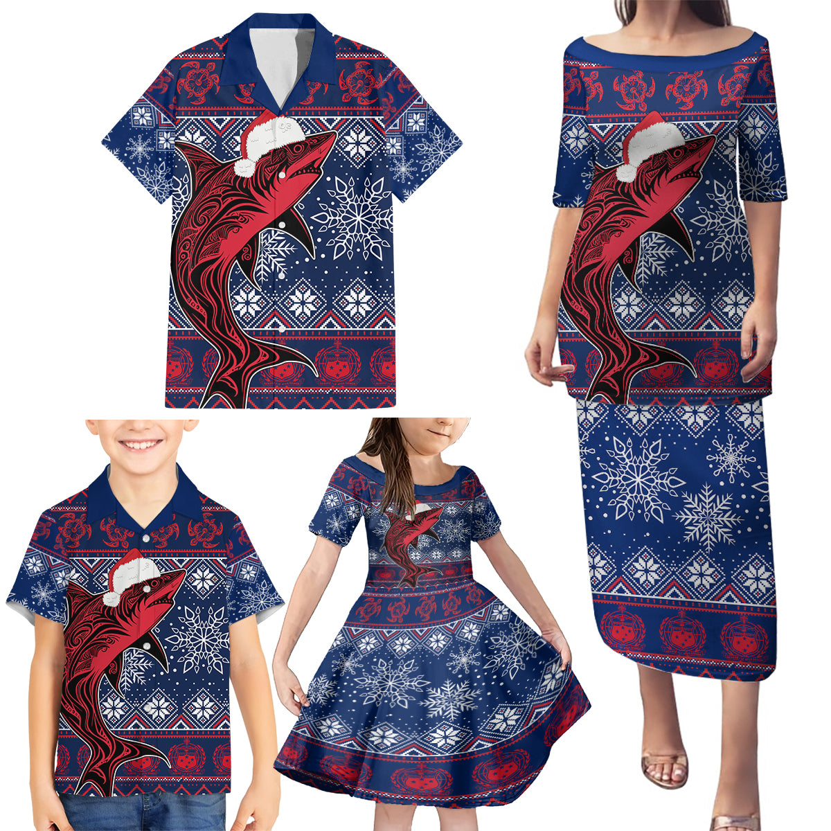 Samoa Manuia Le Kirisimasi Family Matching Puletasi Dress and Hawaiian Shirt Samoan Fishing Tribal Pattern Christmas Vibe - Wonder Print Shop