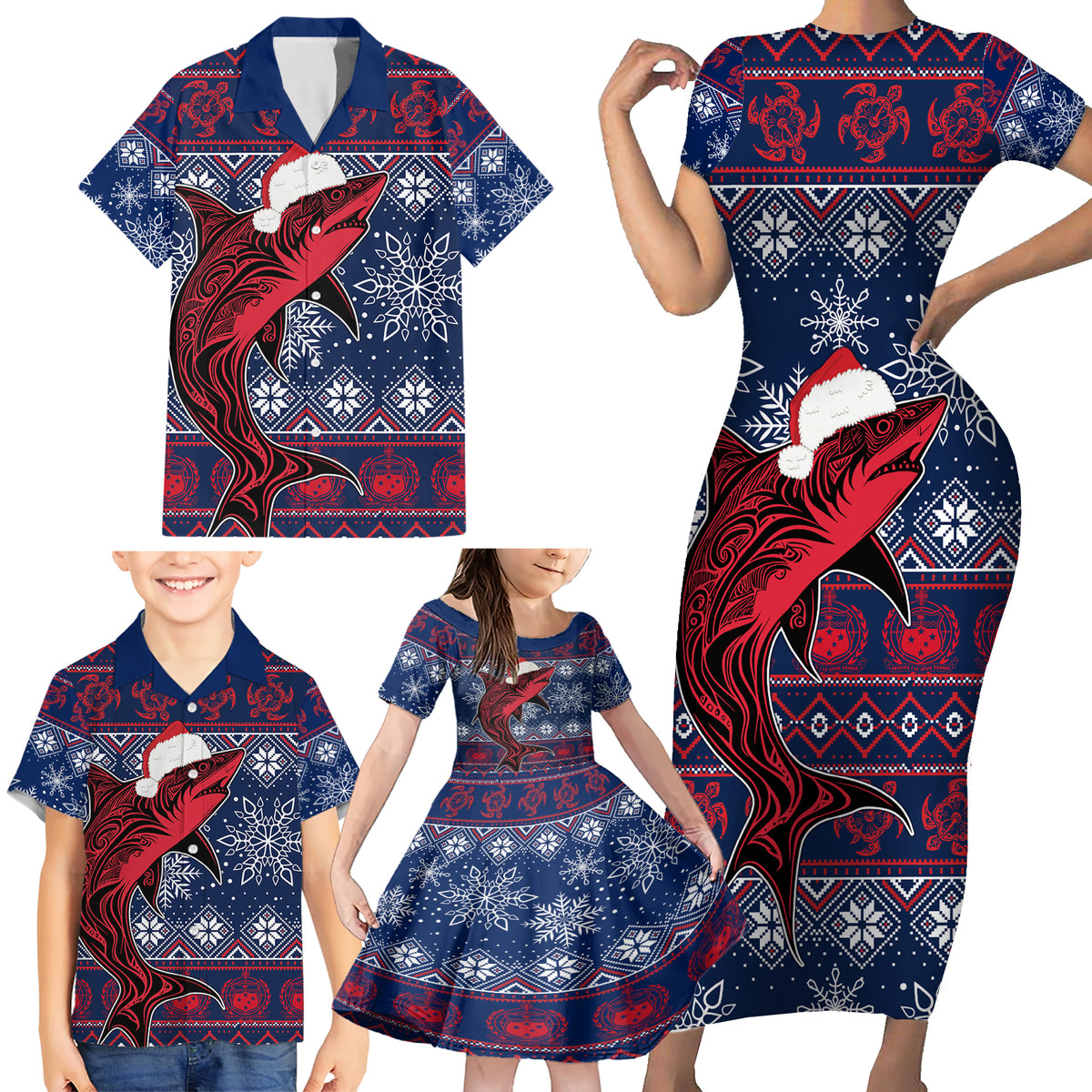 Samoa Manuia Le Kirisimasi Family Matching Short Sleeve Bodycon Dress and Hawaiian Shirt Samoan Fishing Tribal Pattern Christmas Vibe - Wonder Print Shop