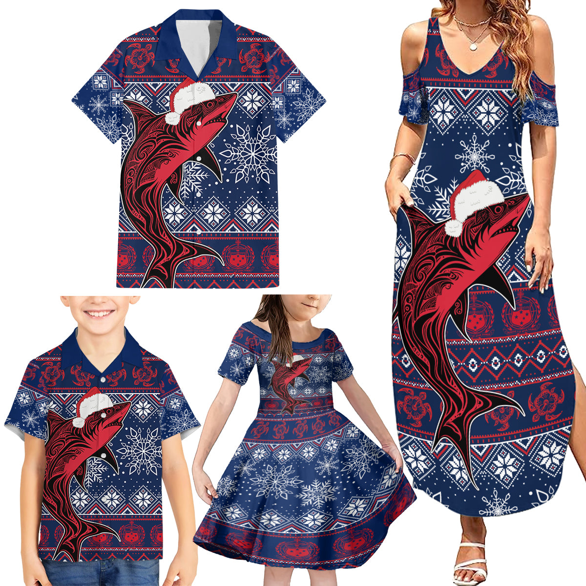 Samoa Manuia Le Kirisimasi Family Matching Summer Maxi Dress and Hawaiian Shirt Samoan Fishing Tribal Pattern Christmas Vibe - Wonder Print Shop