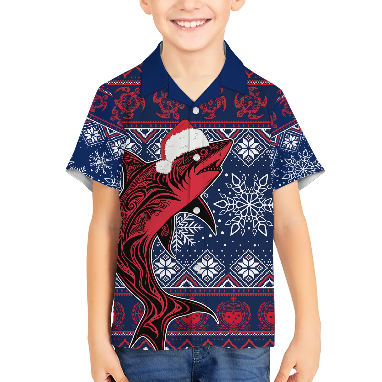 Samoa Manuia Le Kirisimasi Kid Hawaiian Shirt Samoan Fishing Tribal Pattern Christmas Vibe - Wonder Print Shop