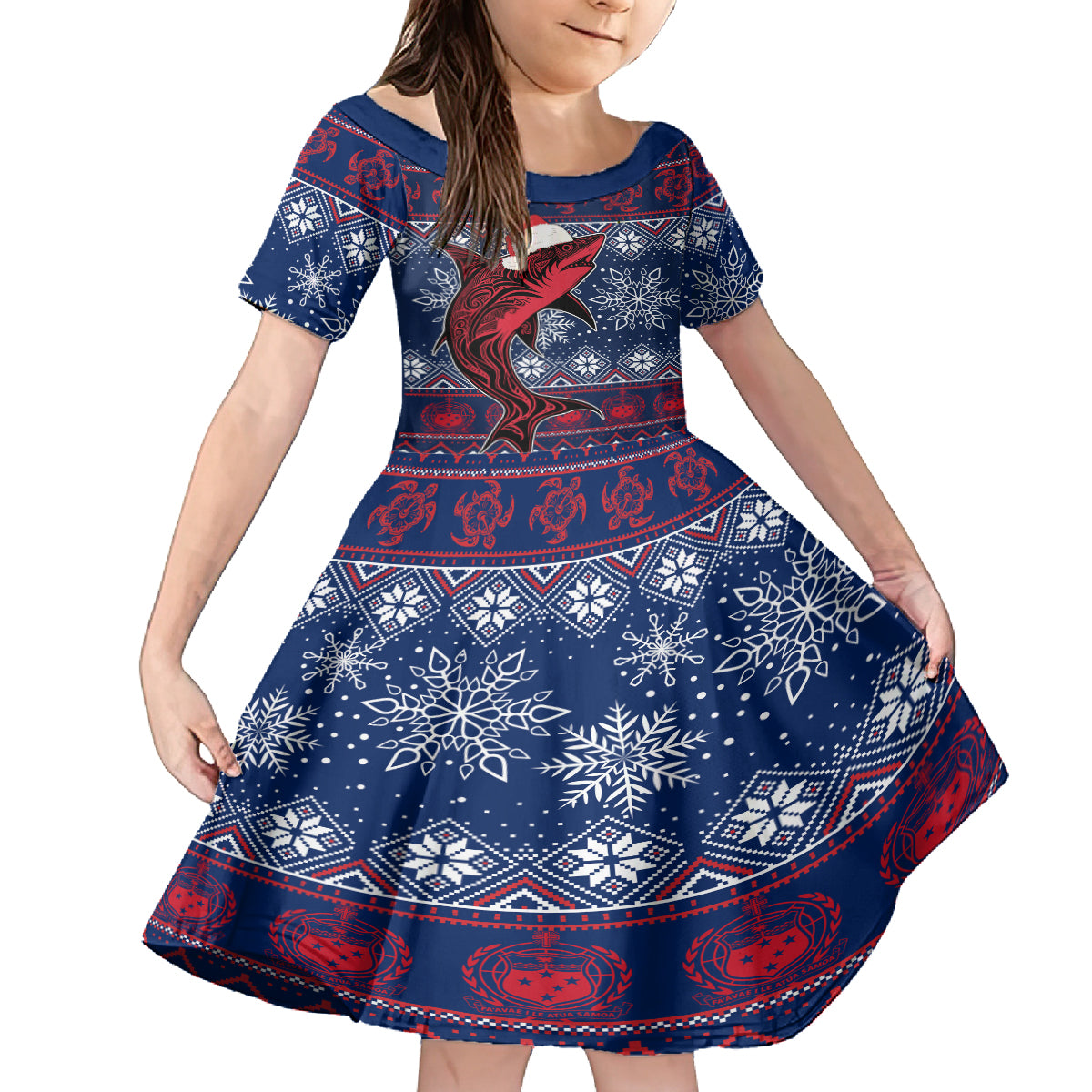 Samoa Manuia Le Kirisimasi Kid Short Sleeve Dress Samoan Fishing Tribal Pattern Christmas Vibe - Wonder Print Shop