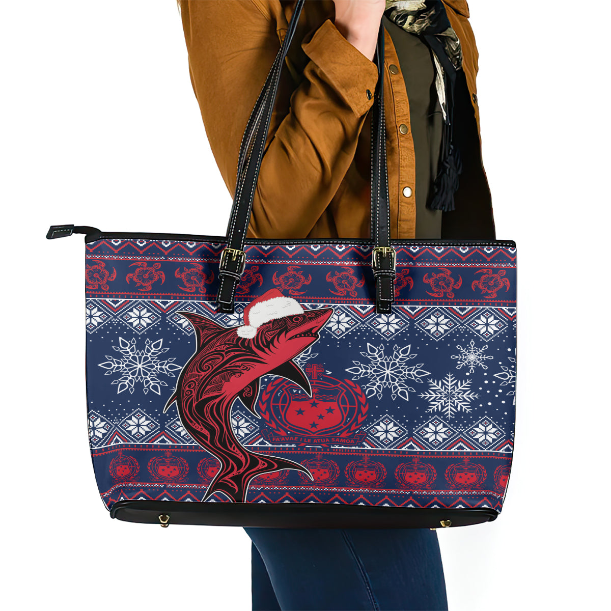 Samoa Manuia Le Kirisimasi Leather Tote Bag Samoan Fishing Tribal Pattern Christmas Vibe - Wonder Print Shop