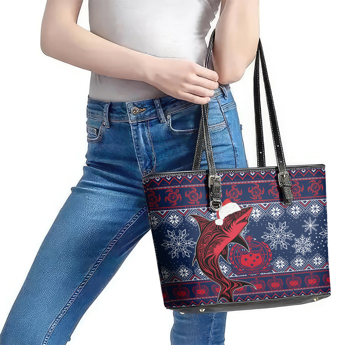 Samoa Manuia Le Kirisimasi Leather Tote Bag Samoan Fishing Tribal Pattern Christmas Vibe - Wonder Print Shop