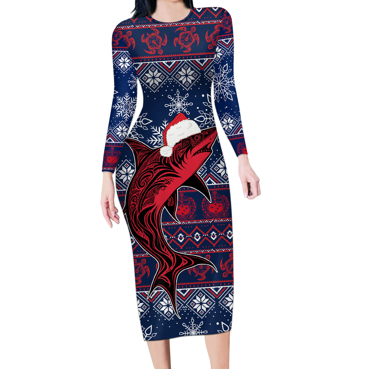 Samoa Manuia Le Kirisimasi Long Sleeve Bodycon Dress Samoan Fishing Tribal Pattern Christmas Vibe - Wonder Print Shop