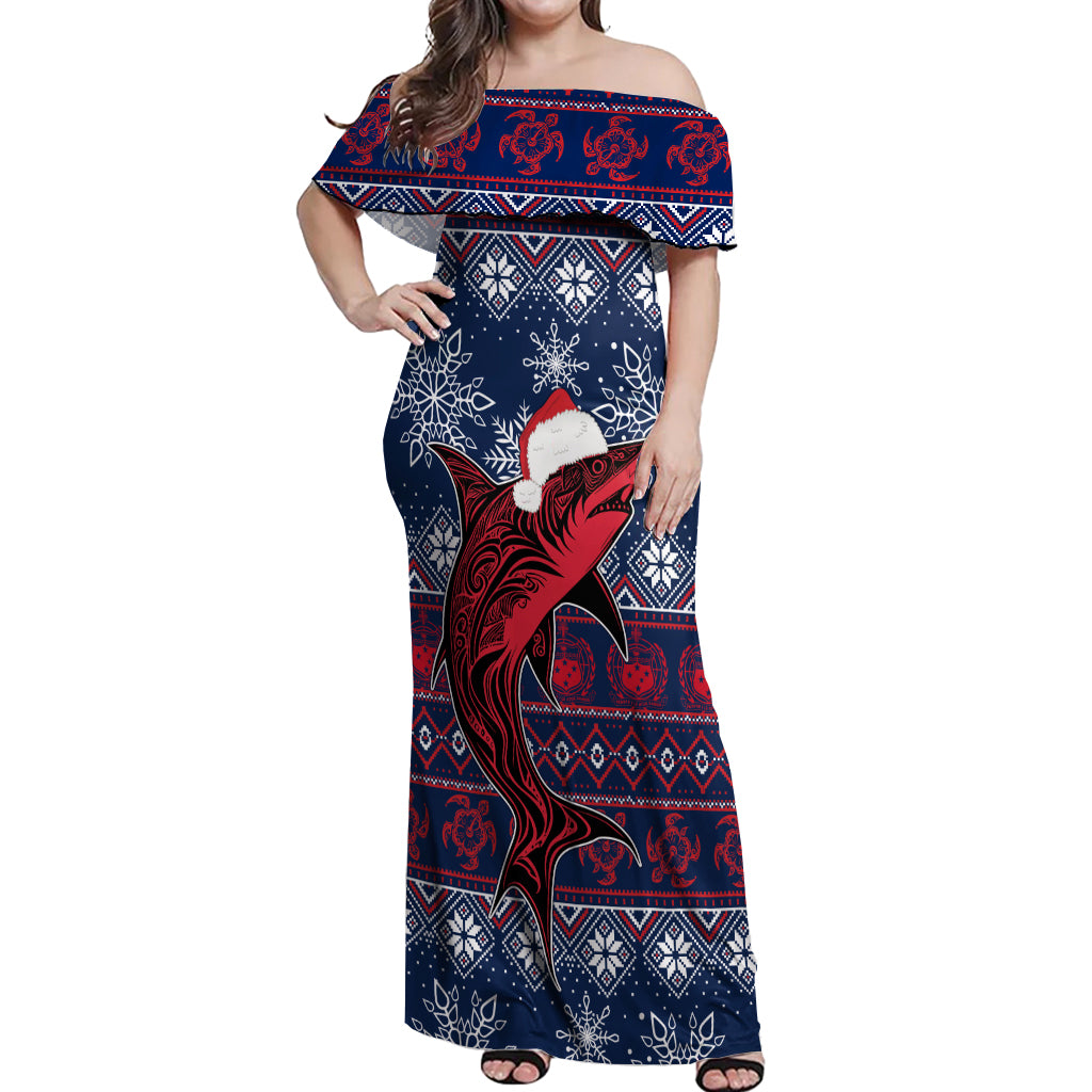 Samoa Manuia Le Kirisimasi Off Shoulder Maxi Dress Samoan Fishing Tribal Pattern Christmas Vibe - Wonder Print Shop
