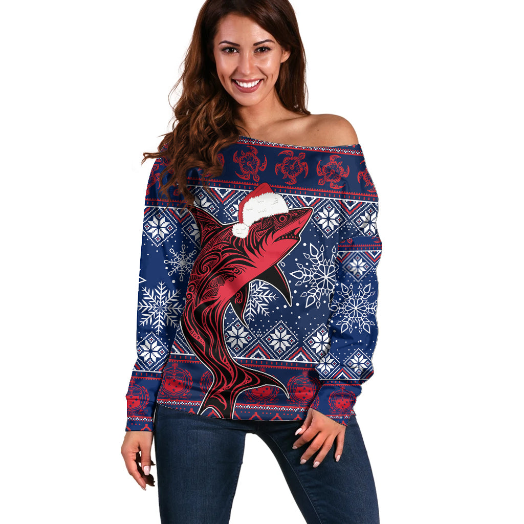 Samoa Manuia Le Kirisimasi Off Shoulder Sweater Samoan Fishing Tribal Pattern Christmas Vibe - Wonder Print Shop