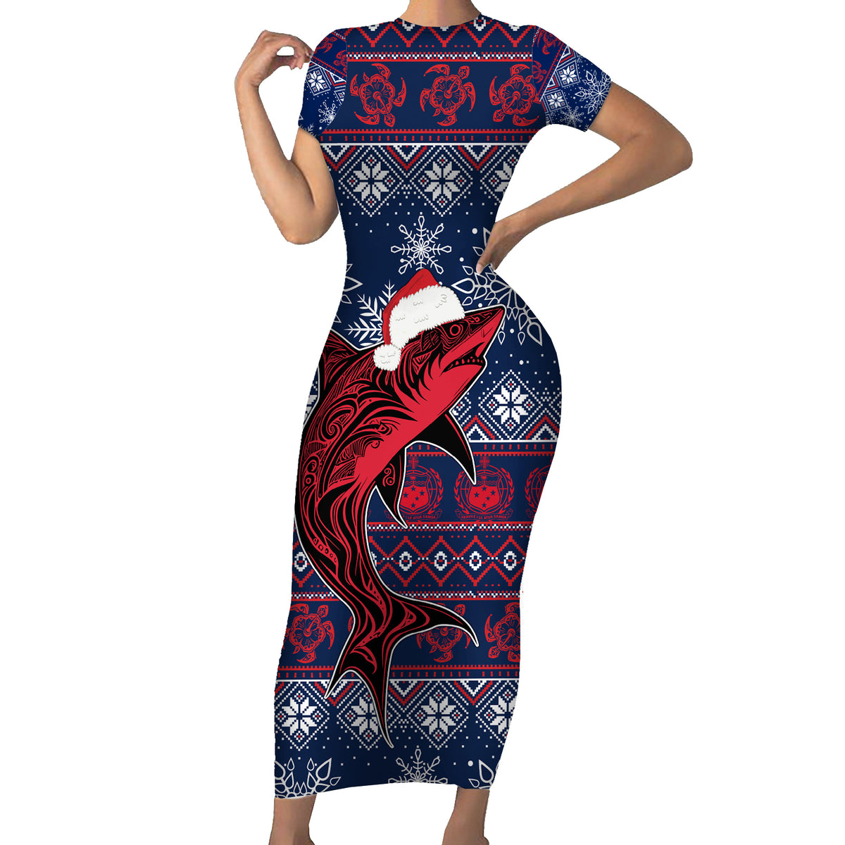 Samoa Manuia Le Kirisimasi Short Sleeve Bodycon Dress Samoan Fishing Tribal Pattern Christmas Vibe - Wonder Print Shop