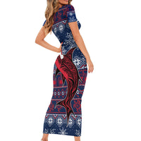 Samoa Manuia Le Kirisimasi Short Sleeve Bodycon Dress Samoan Fishing Tribal Pattern Christmas Vibe - Wonder Print Shop