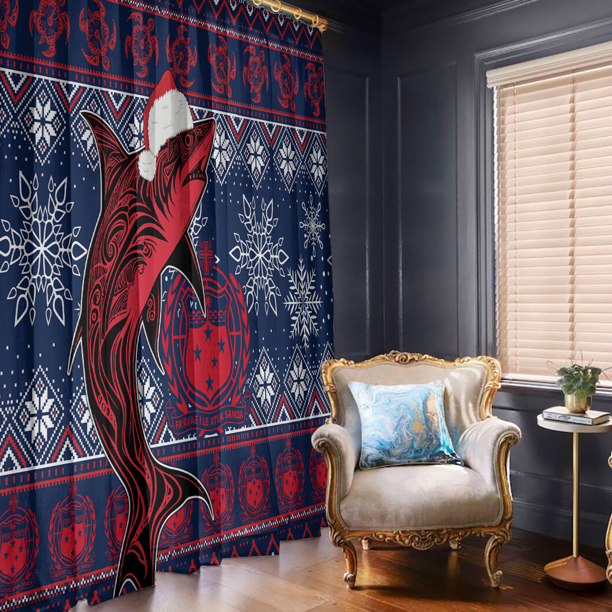 Samoa Manuia Le Kirisimasi Window Curtain Samoan Fishing Tribal Pattern Christmas Vibe - Wonder Print Shop