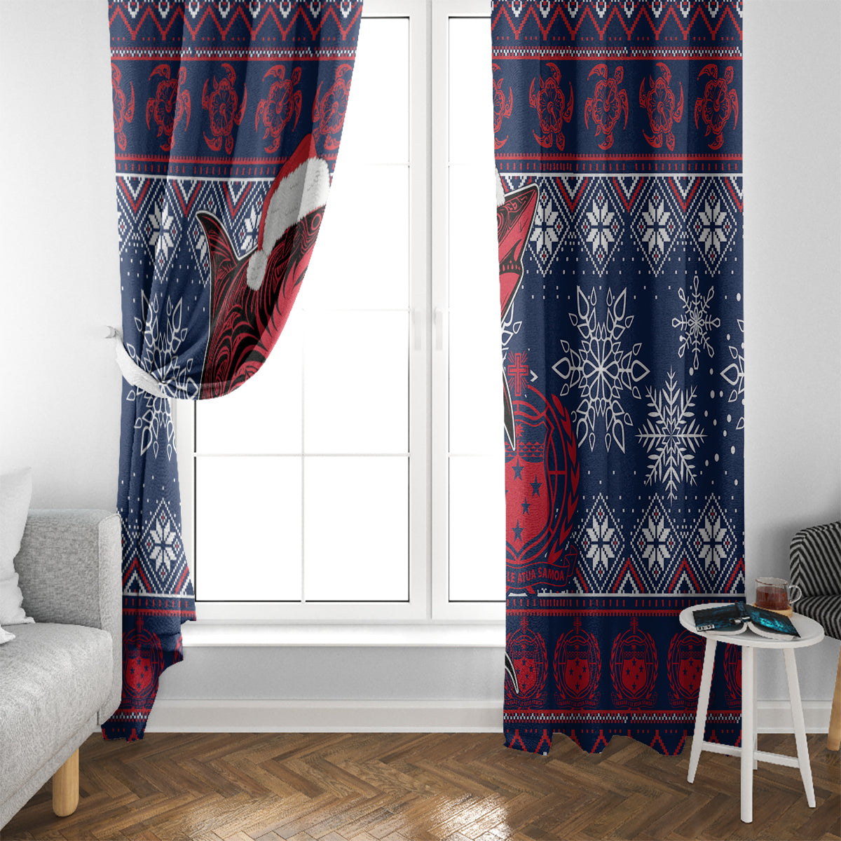 Samoa Manuia Le Kirisimasi Window Curtain Samoan Fishing Tribal Pattern Christmas Vibe - Wonder Print Shop