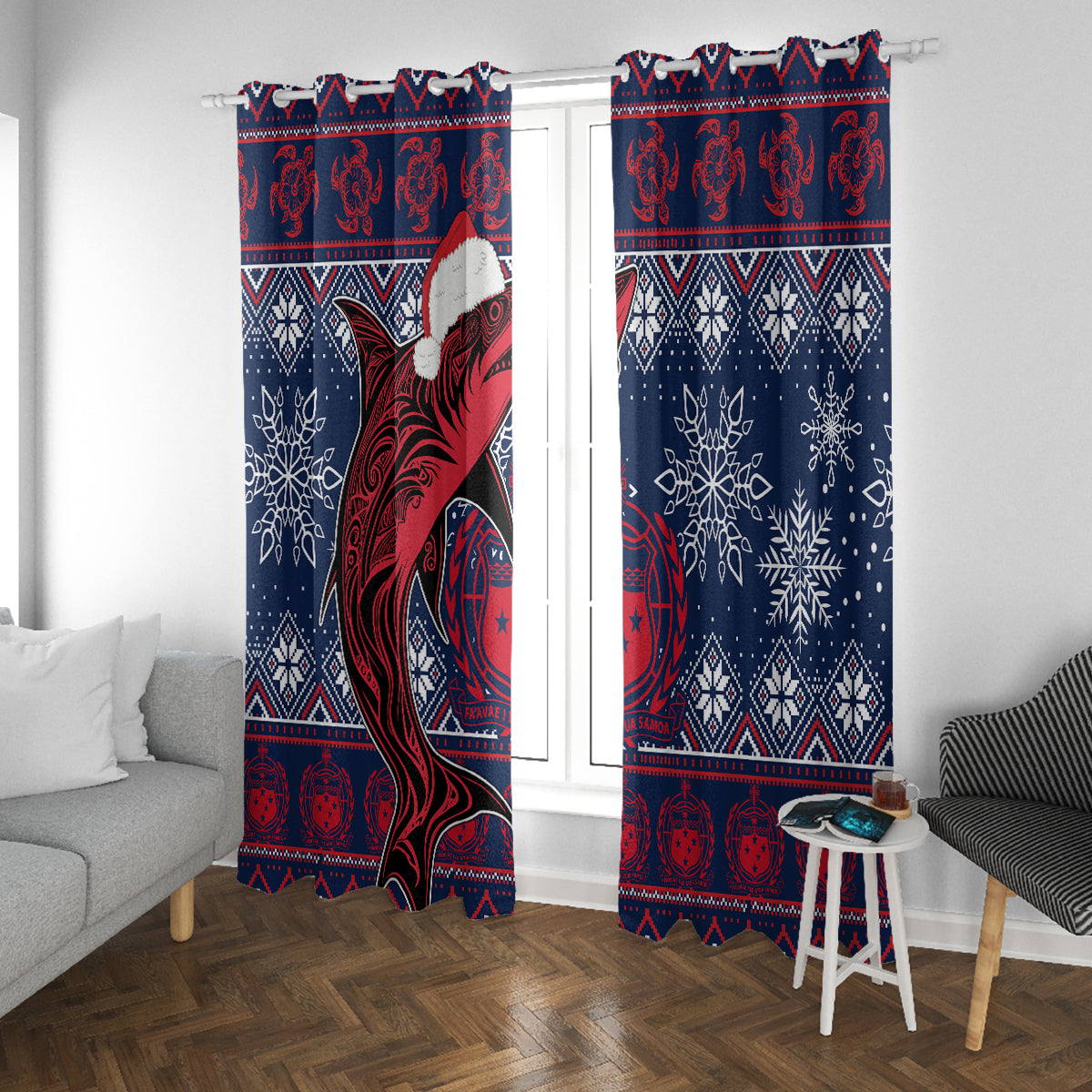 Samoa Manuia Le Kirisimasi Window Curtain Samoan Fishing Tribal Pattern Christmas Vibe - Wonder Print Shop