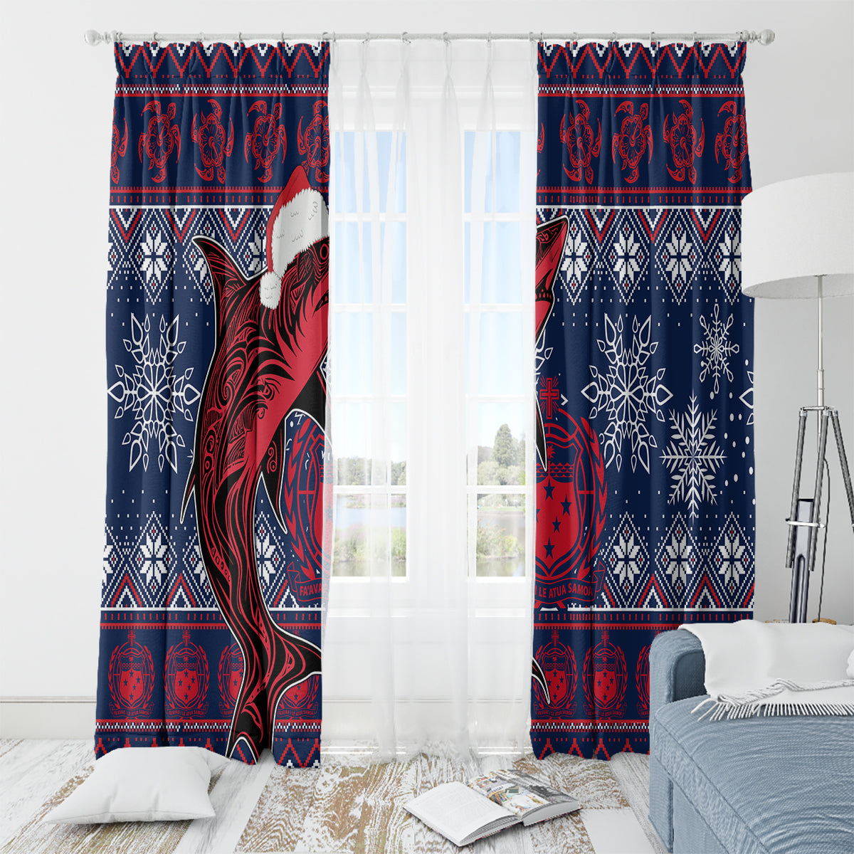 Samoa Manuia Le Kirisimasi Window Curtain Samoan Fishing Tribal Pattern Christmas Vibe - Wonder Print Shop