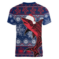 Samoa Manuia Le Kirisimasi Women V Neck T Shirt Samoan Fishing Tribal Pattern Christmas Vibe - Wonder Print Shop