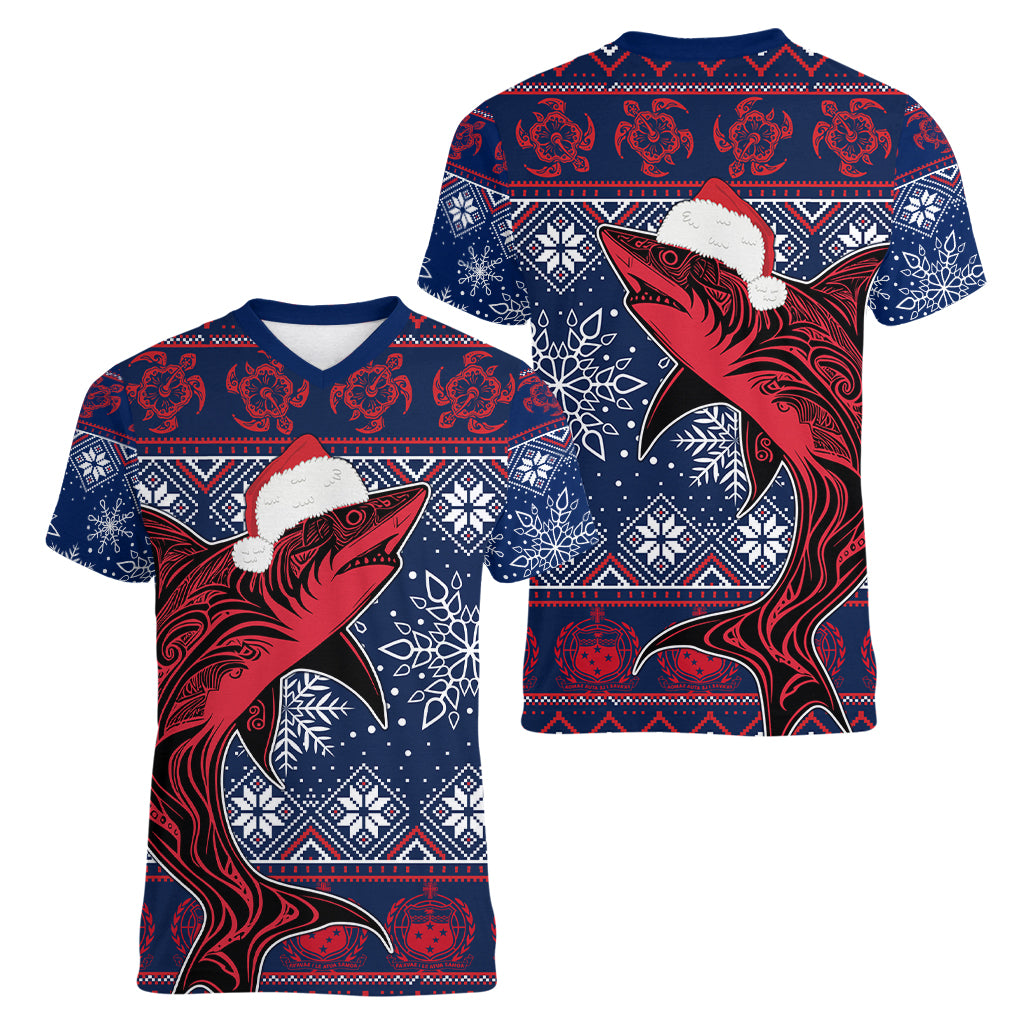 Samoa Manuia Le Kirisimasi Women V Neck T Shirt Samoan Fishing Tribal Pattern Christmas Vibe - Wonder Print Shop