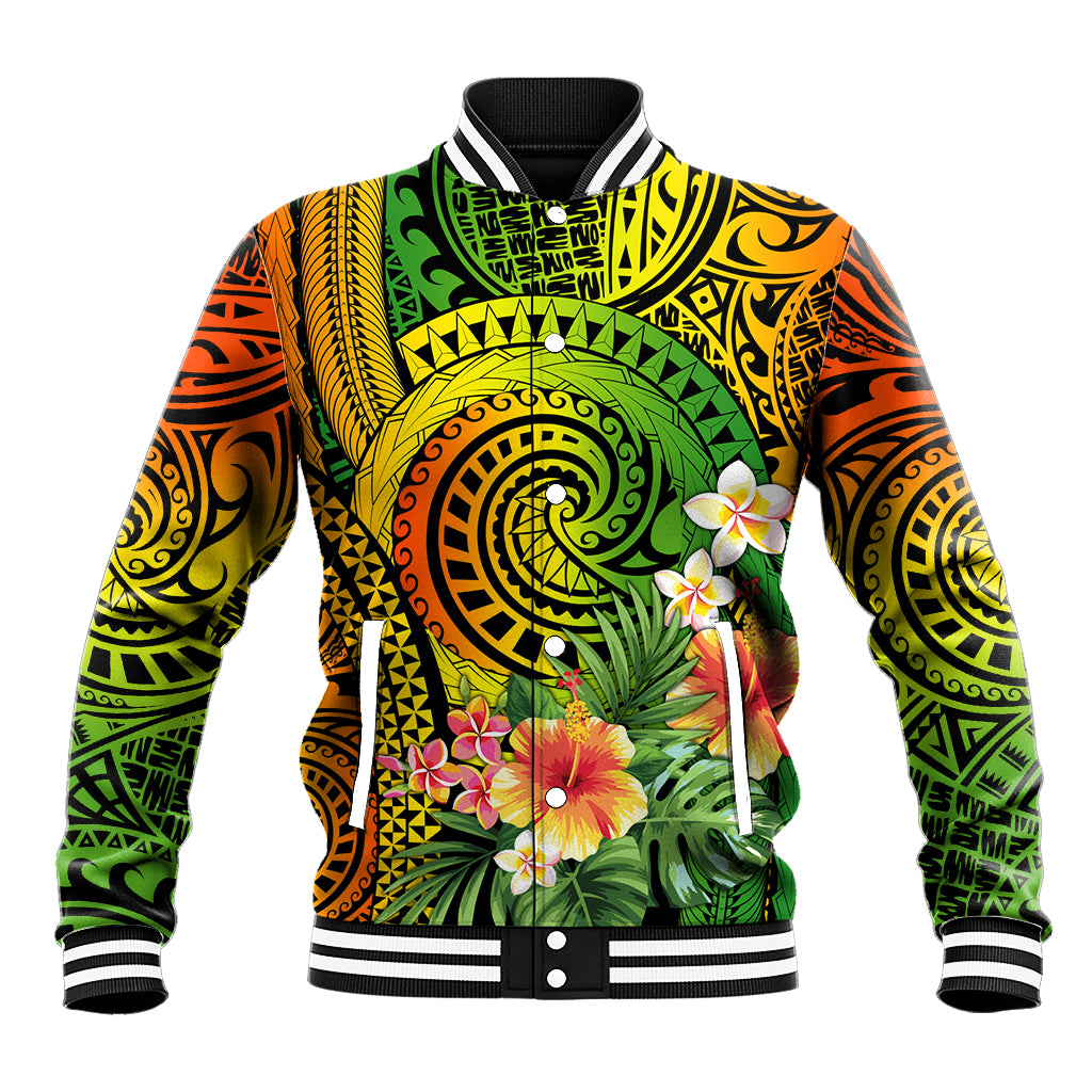 Polynesia Baseball Jacket Pasifika Tribal with Tropical Flowers LT9 - Wonder Print Shop