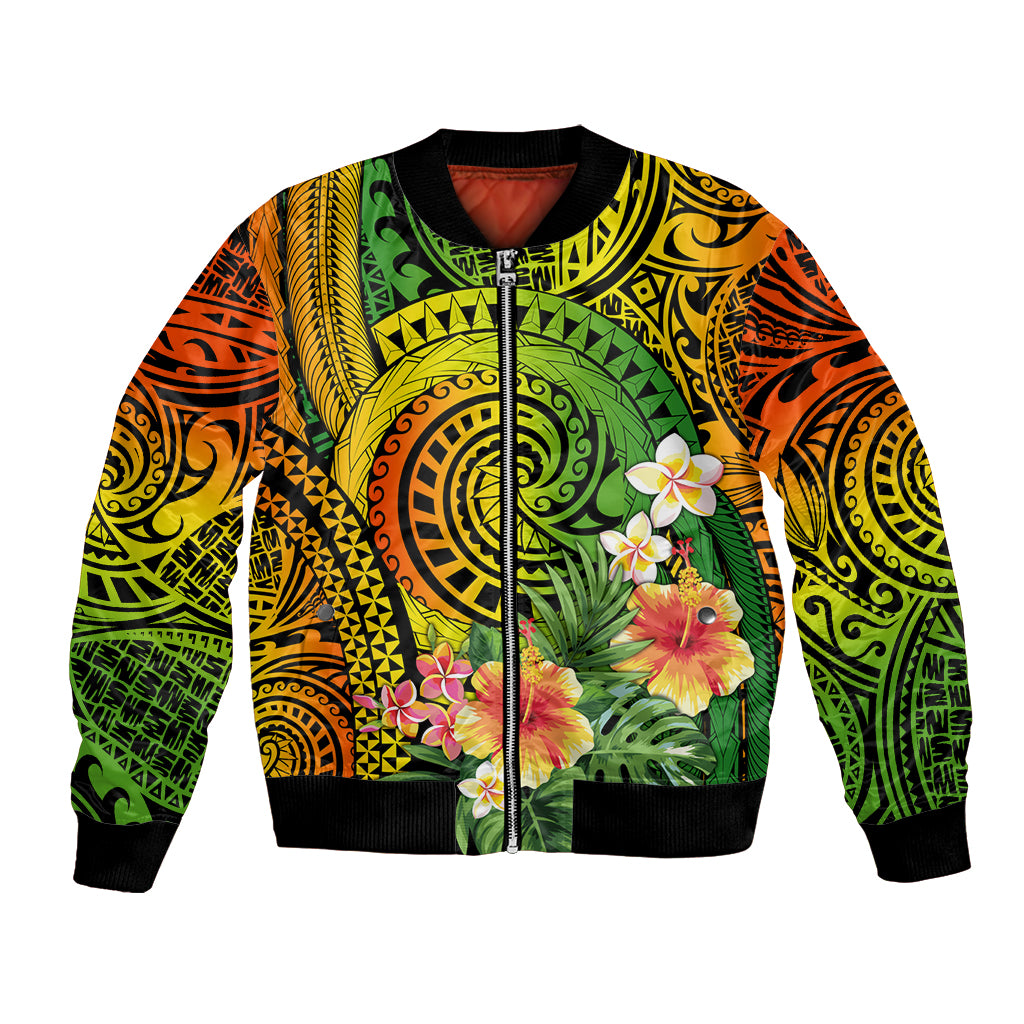 Polynesia Bomber Jacket Pasifika Tribal with Tropical Flowers LT9 - Wonder Print Shop