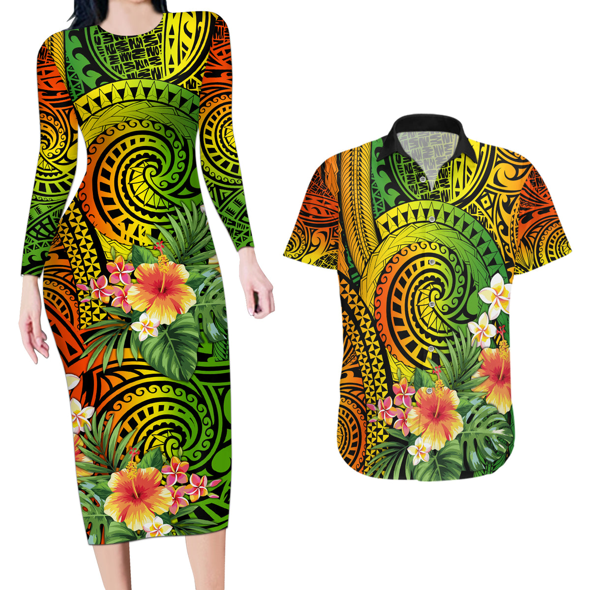 Polynesia Couples Matching Long Sleeve Bodycon Dress and Hawaiian Shirt Pasifika Tribal with Tropical Flowers LT9 - Wonder Print Shop