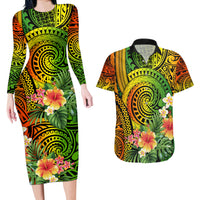 Polynesia Couples Matching Long Sleeve Bodycon Dress and Hawaiian Shirt Pasifika Tribal with Tropical Flowers LT9 - Wonder Print Shop