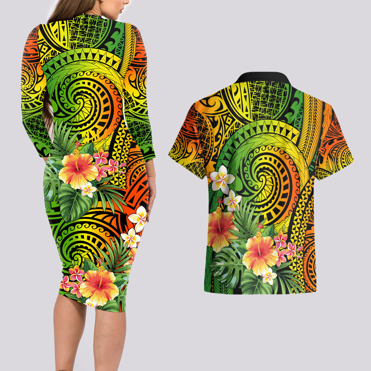 Polynesia Couples Matching Long Sleeve Bodycon Dress and Hawaiian Shirt Pasifika Tribal with Tropical Flowers LT9 - Wonder Print Shop