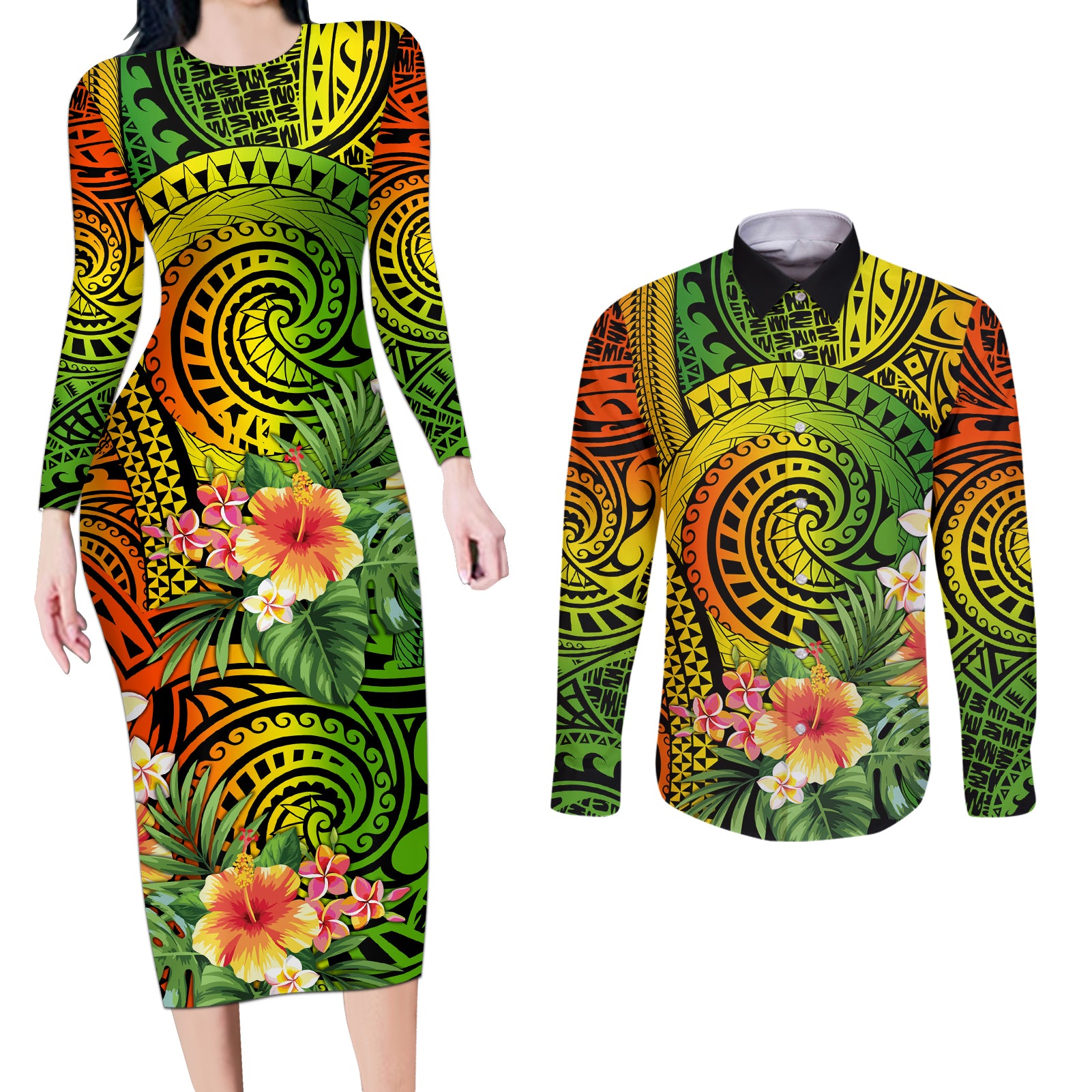 Polynesia Couples Matching Long Sleeve Bodycon Dress and Long Sleeve Button Shirt Pasifika Tribal with Tropical Flowers LT9 - Wonder Print Shop