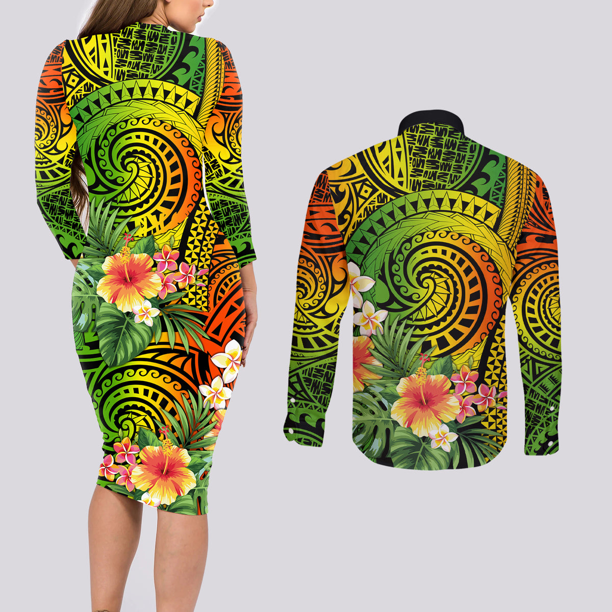 Polynesia Couples Matching Long Sleeve Bodycon Dress and Long Sleeve Button Shirt Pasifika Tribal with Tropical Flowers LT9 - Wonder Print Shop
