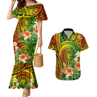 Polynesia Couples Matching Mermaid Dress and Hawaiian Shirt Pasifika Tribal with Tropical Flowers LT9 - Wonder Print Shop