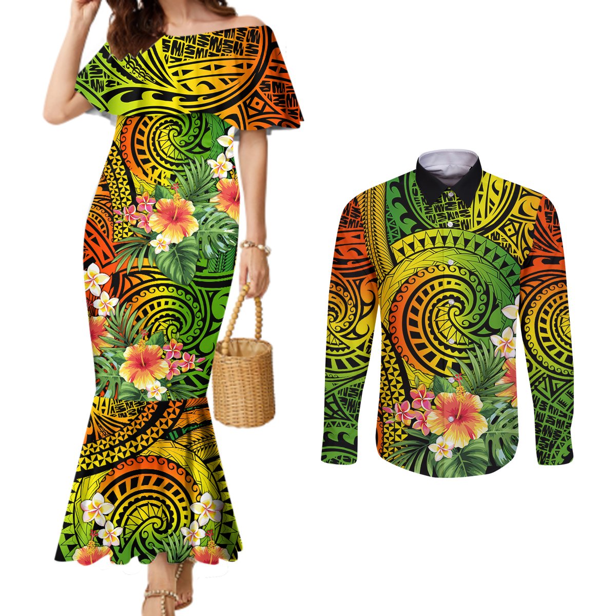 polynesia-couples-matching-mermaid-dress-and-long-sleeve-button-shirt-pasifika-tribal-with-tropical-flowers