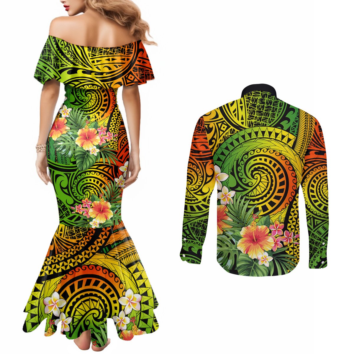 polynesia-couples-matching-mermaid-dress-and-long-sleeve-button-shirt-pasifika-tribal-with-tropical-flowers