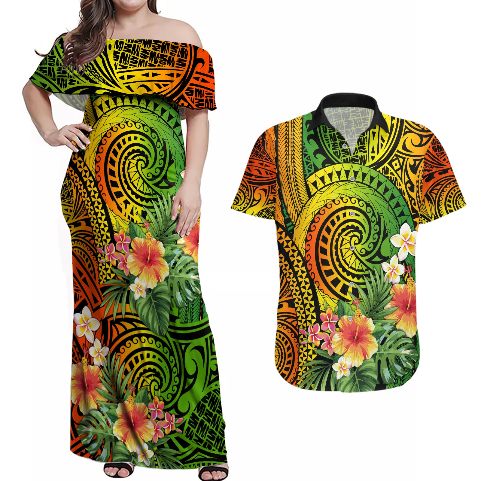 Polynesia Couples Matching Off Shoulder Maxi Dress and Hawaiian Shirt Pasifika Tribal with Tropical Flowers LT9 - Wonder Print Shop