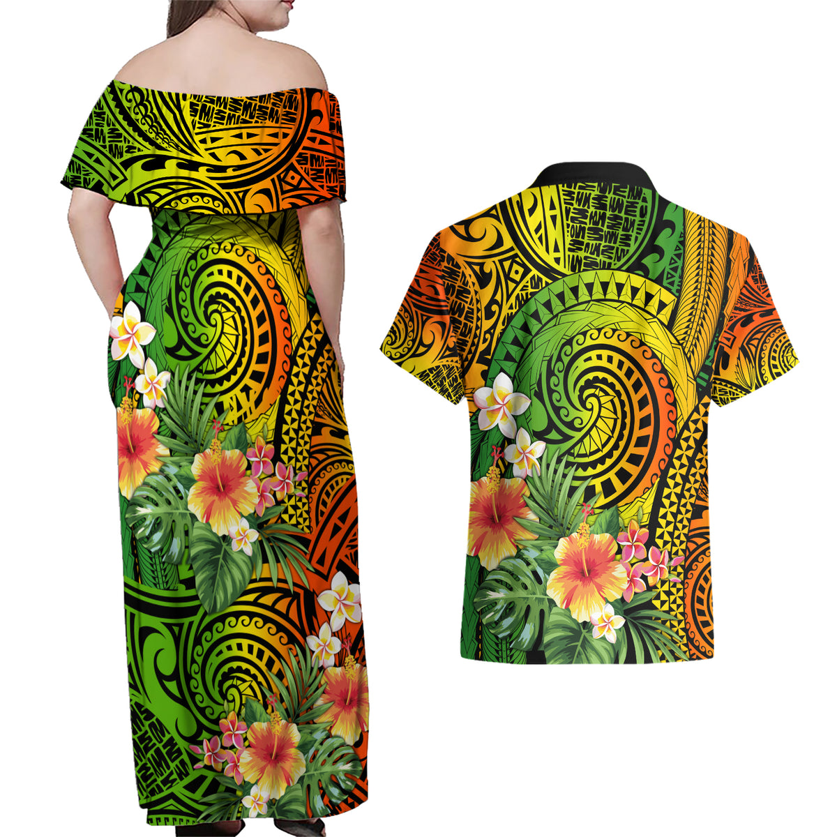 Polynesia Couples Matching Off Shoulder Maxi Dress and Hawaiian Shirt Pasifika Tribal with Tropical Flowers LT9 - Wonder Print Shop
